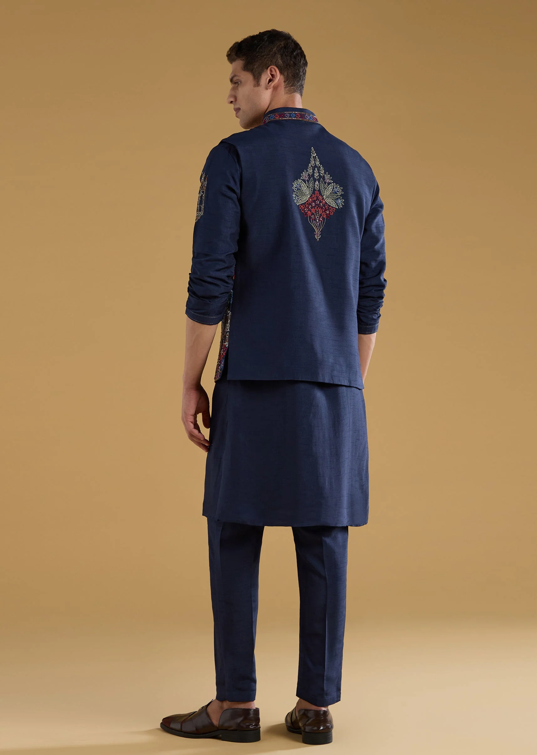 Navy Blue Silk Embellished Mens Jacket Kurta Set - Image 5