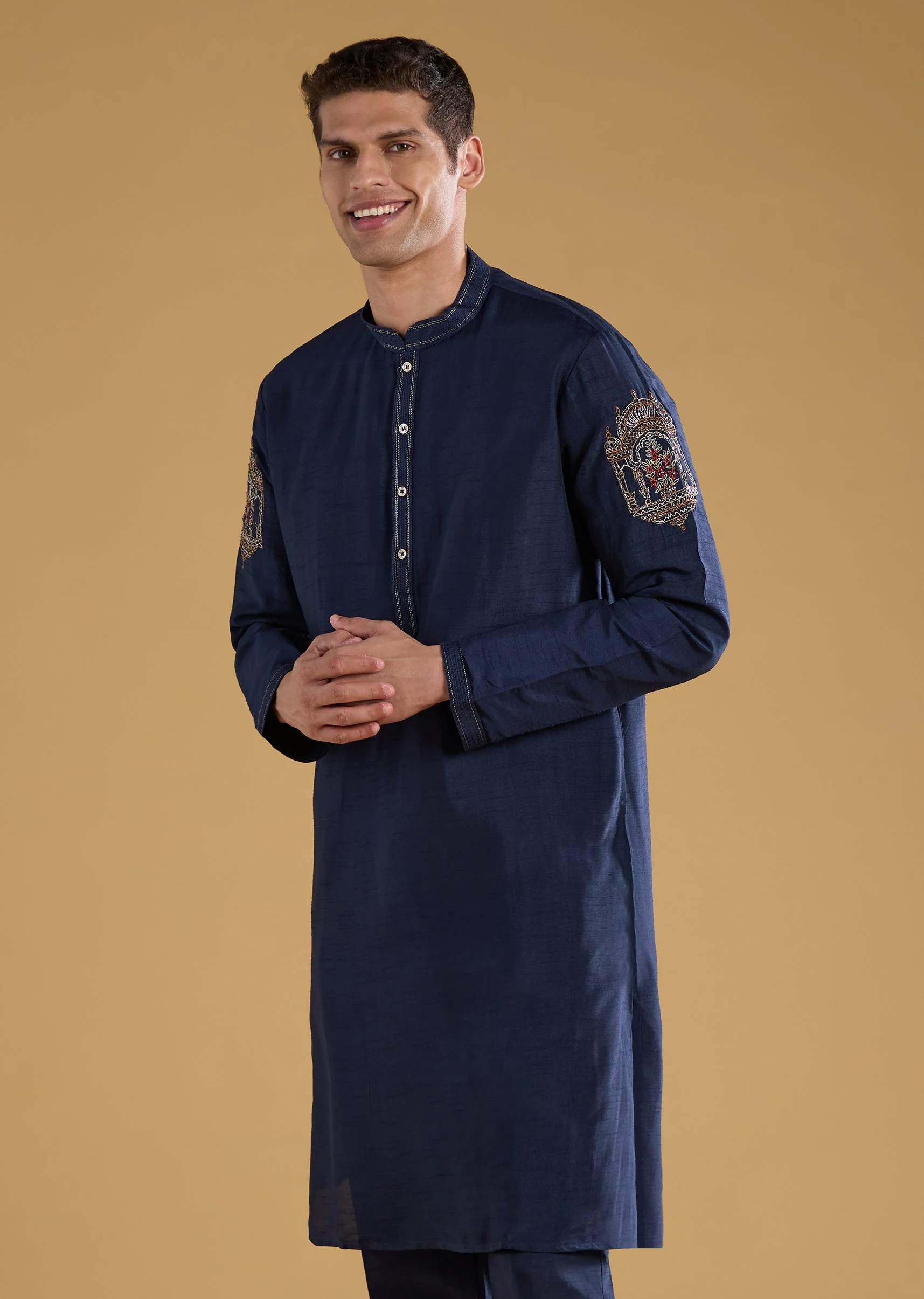 Navy Blue Silk Embellished Mens Jacket Kurta Set - Image 6