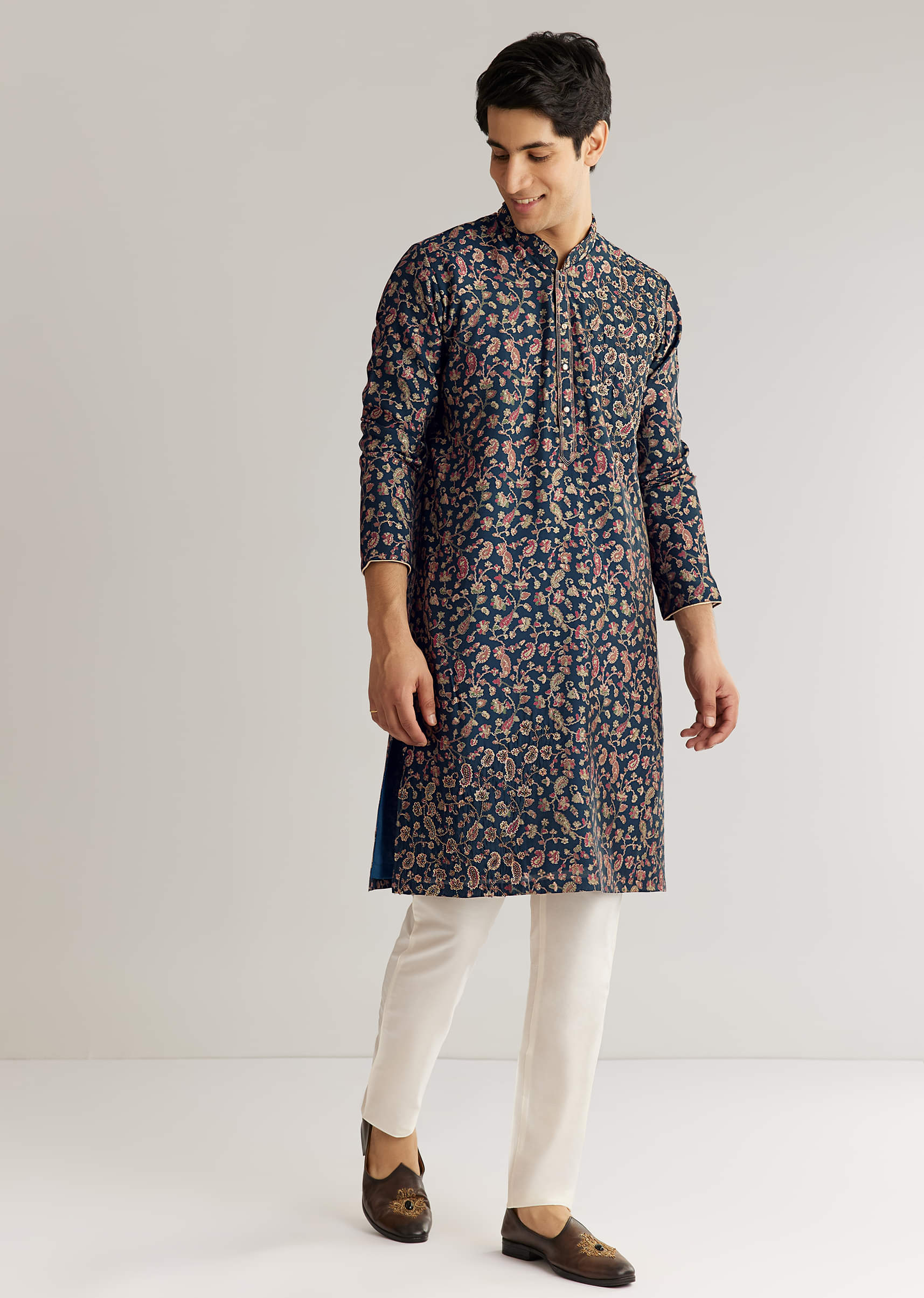 Navy Blue Silk Floral Printed Kurta Set With Cutdana Work - Image 4