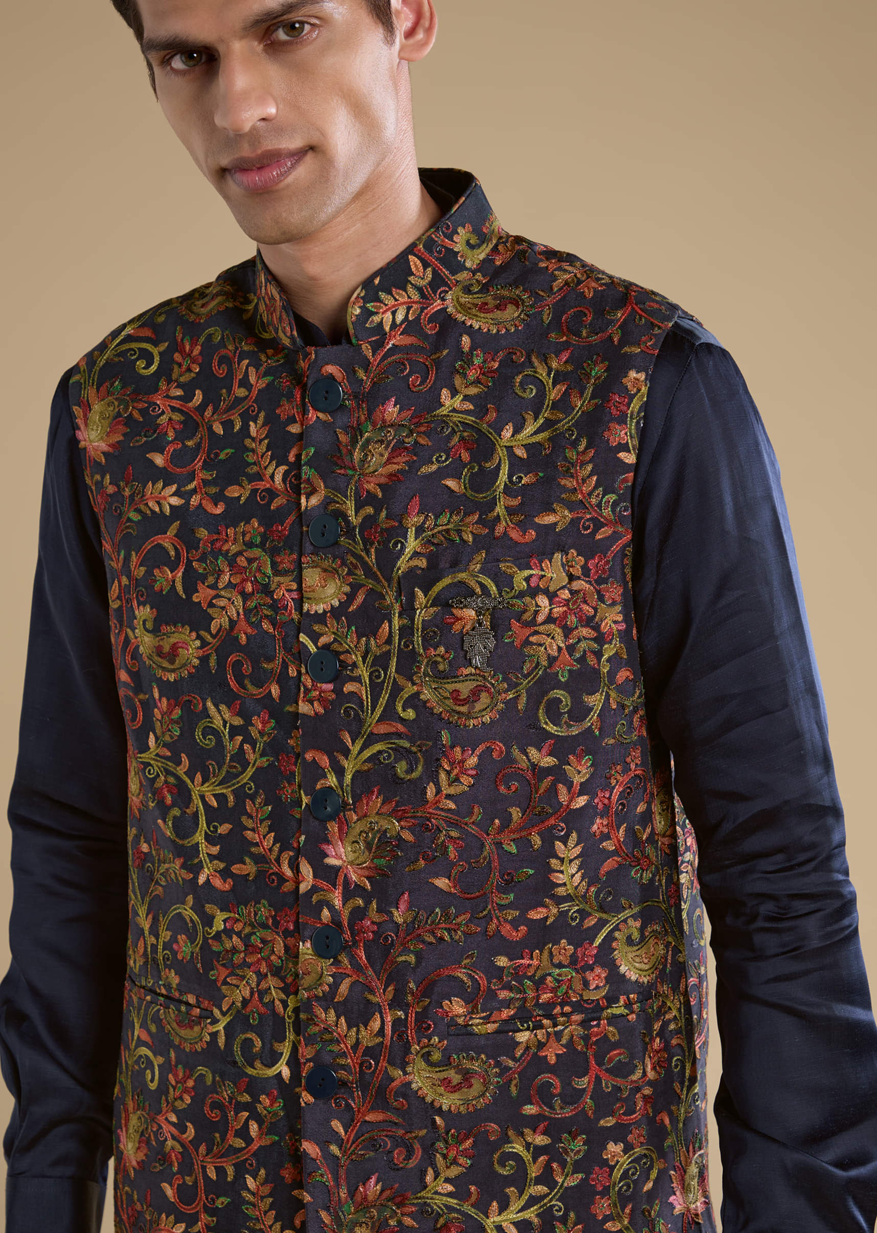 Navy Blue Silk Jacket Kurta Set with Resham Work - Image 2