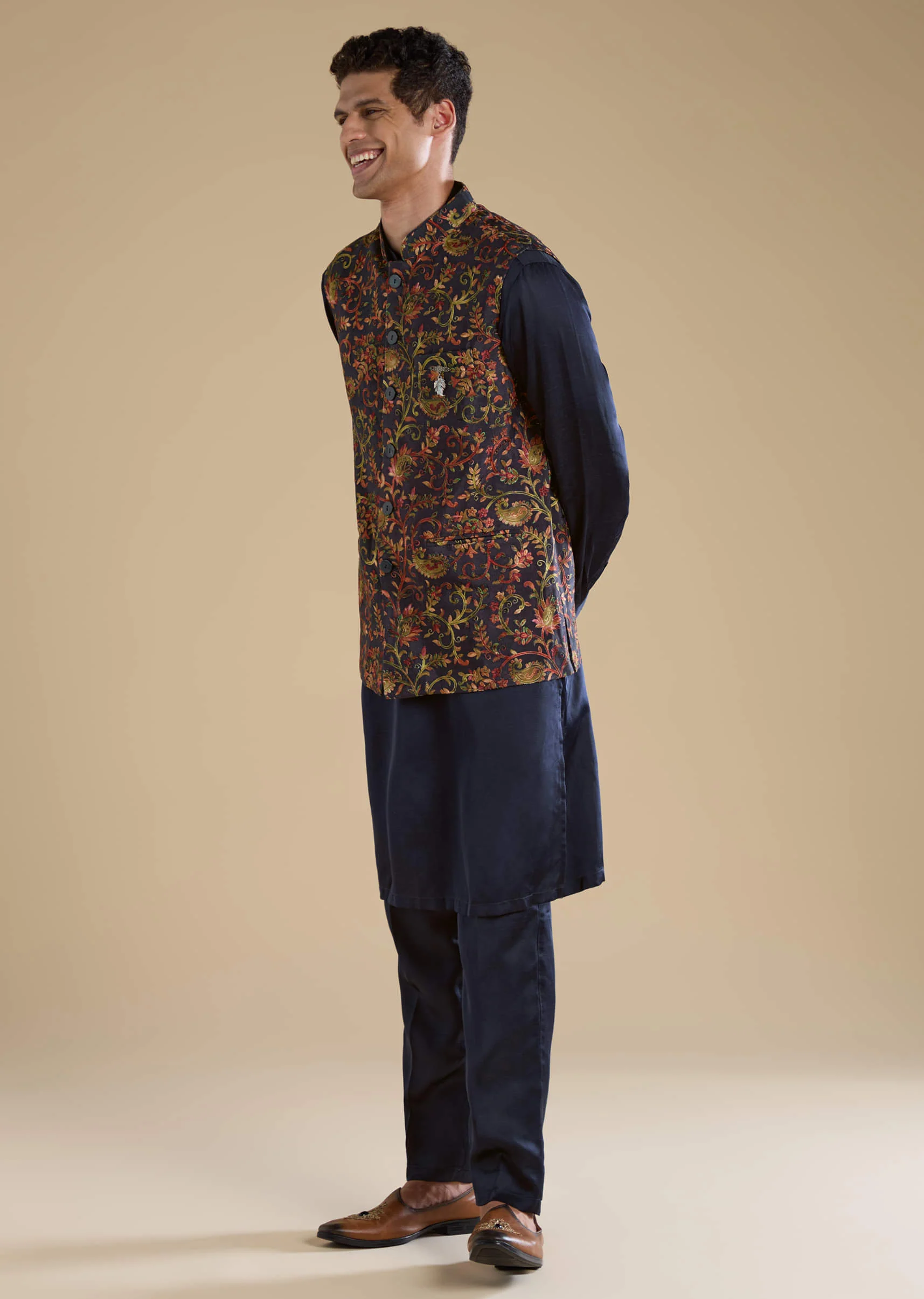 Navy Blue Silk Jacket Kurta Set with Resham Work - Image 3
