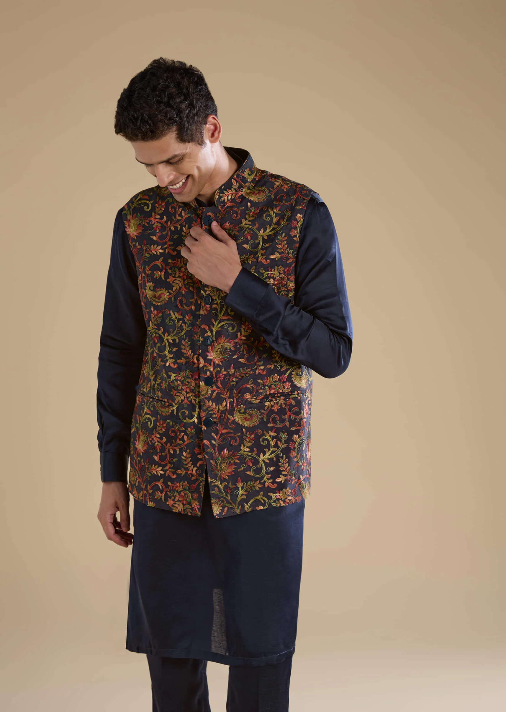 Navy Blue Silk Jacket Kurta Set with Resham Work - Image 4