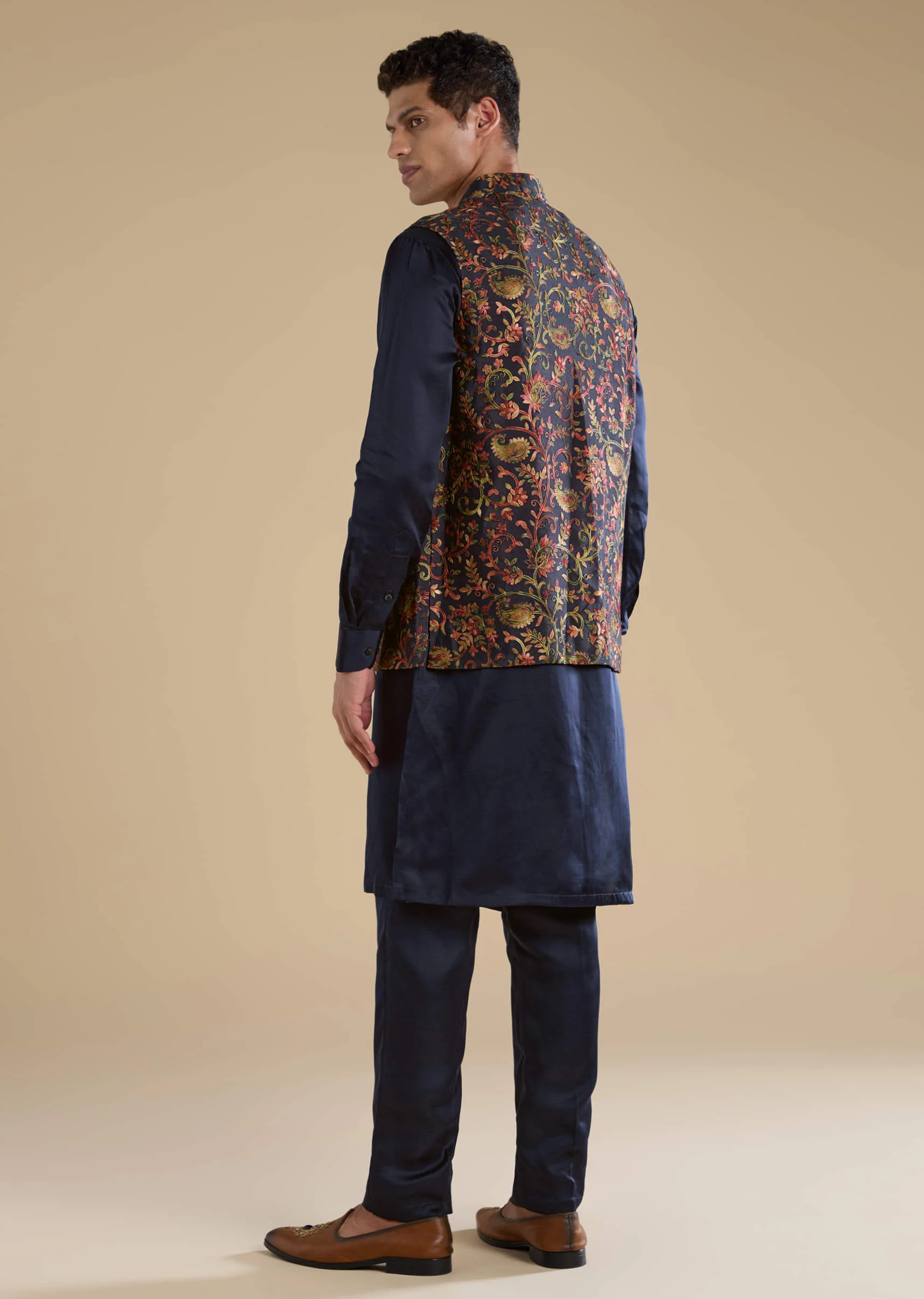Navy Blue Silk Jacket Kurta Set with Resham Work - Image 5