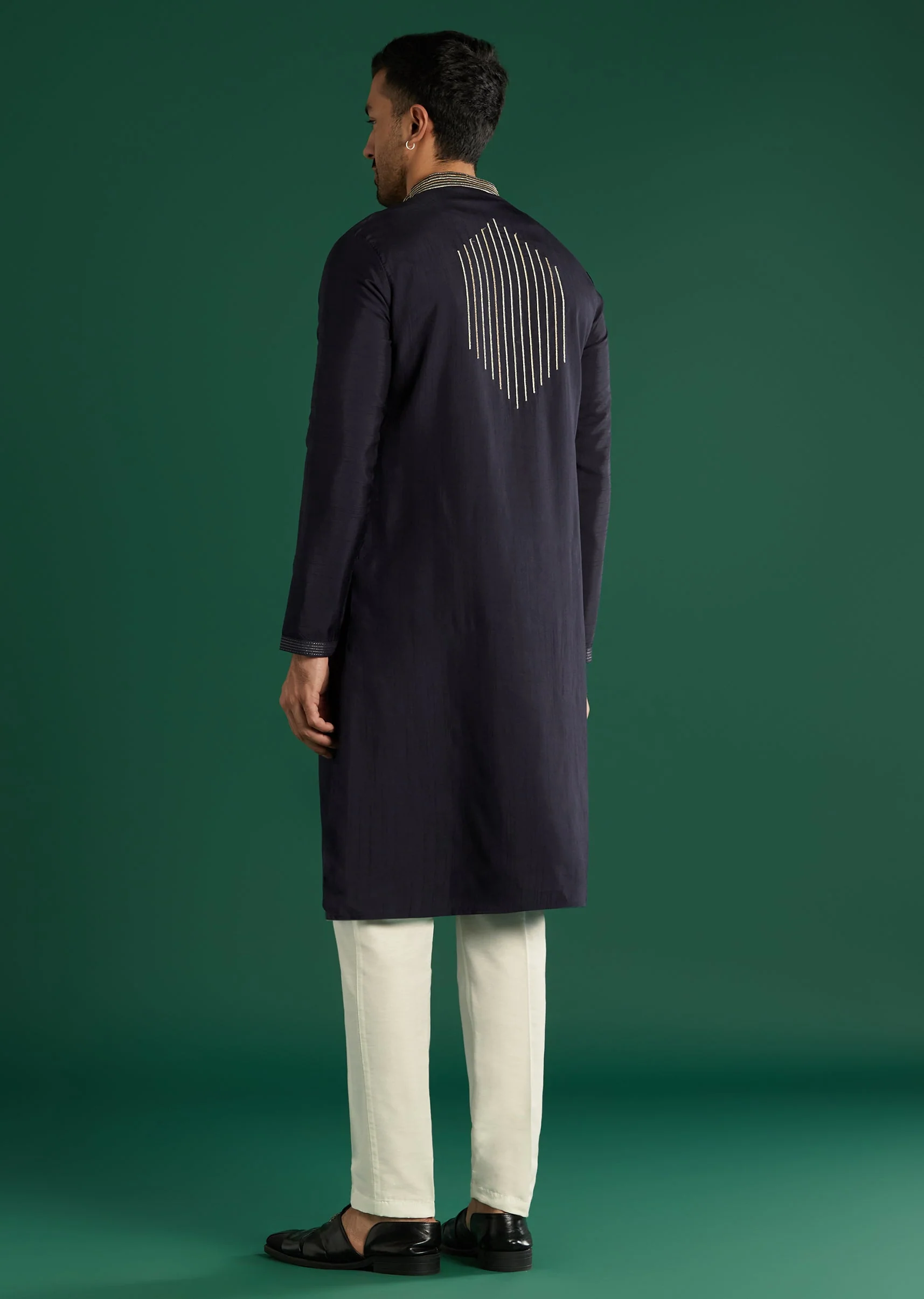 Navy Blue Silk Kurta Set For Men With Gota Work - Image 5
