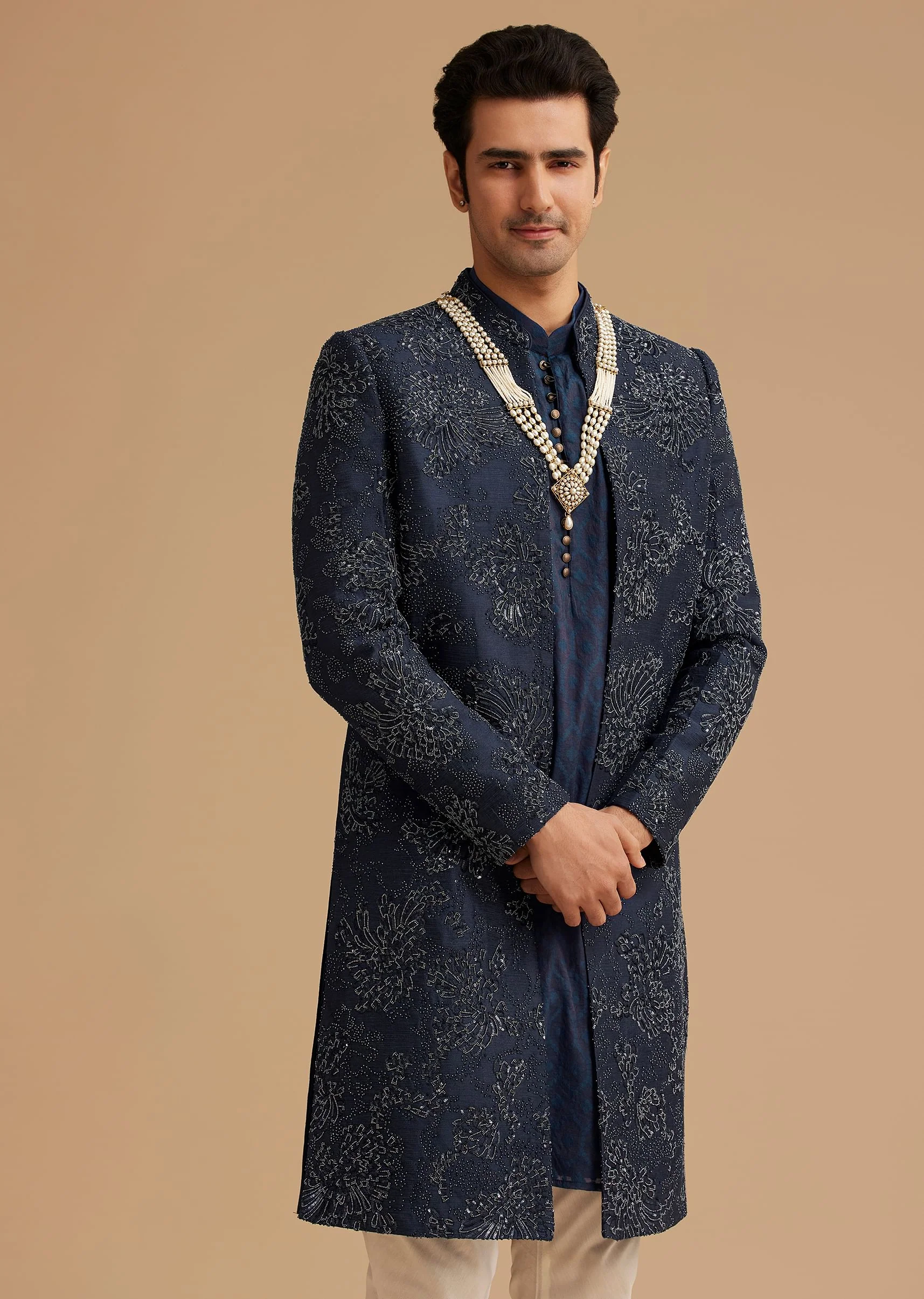 Navy Blue Silk Open Sherwani With Zardosi Embroidery - Image 4