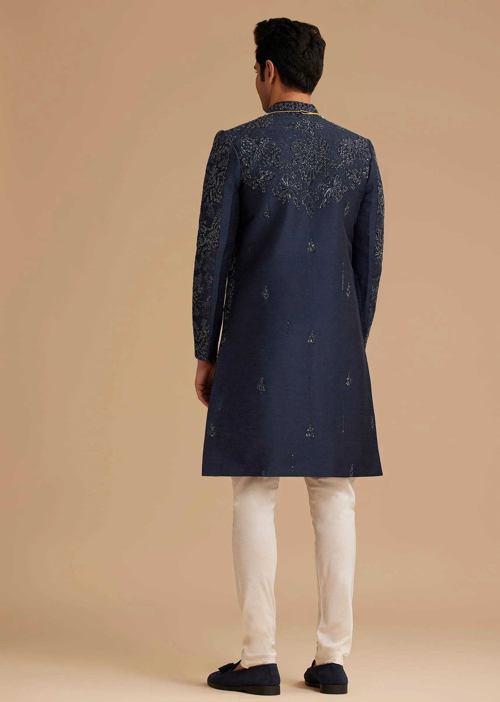 Navy Blue Silk Open Sherwani With Zardosi Embroidery - Image 5