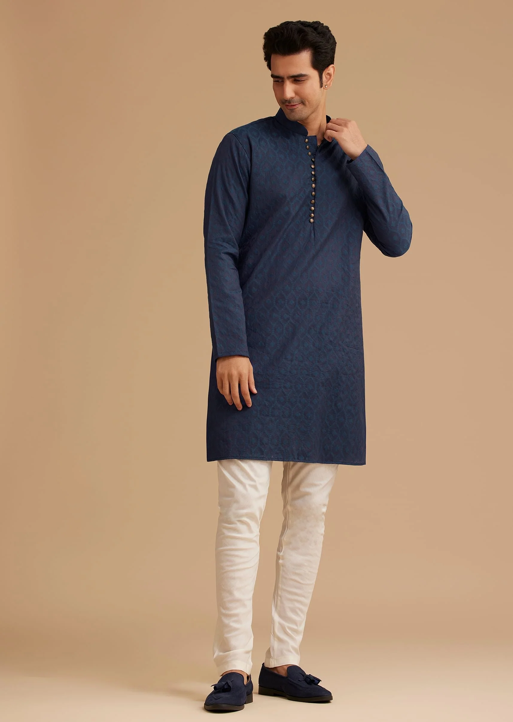 Navy Blue Silk Open Sherwani With Zardosi Embroidery - Image 6