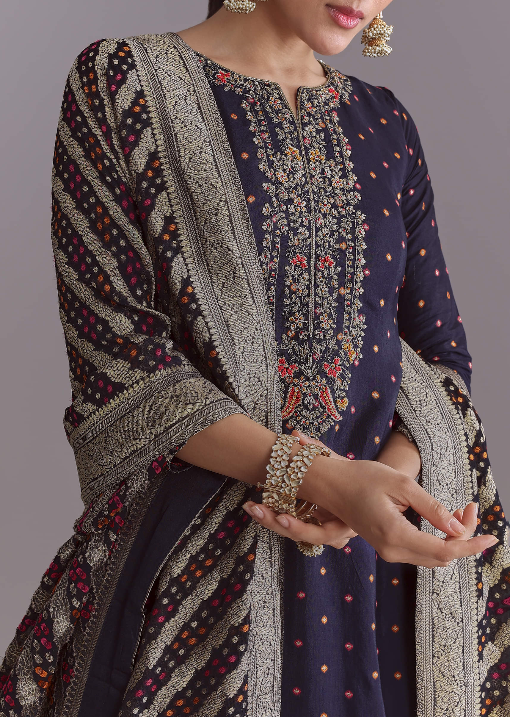 Navy Blue Silk Palazzo Suit With Embroidery And Brocade Dupatta - Image 2