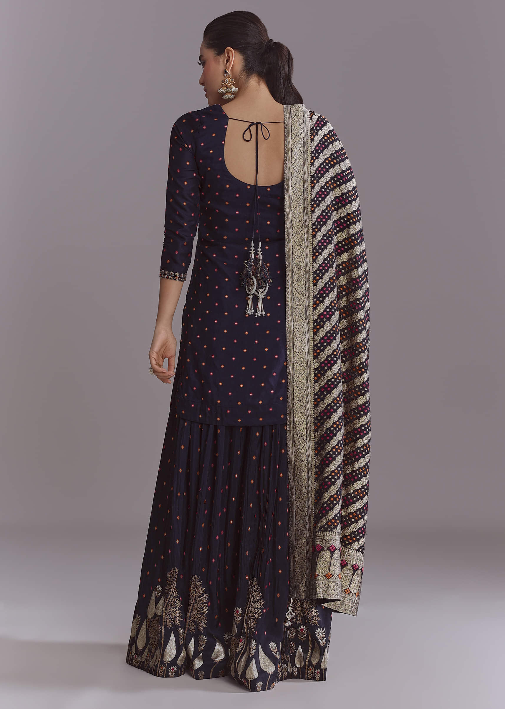 Navy Blue Silk Palazzo Suit With Embroidery And Brocade Dupatta - Image 5