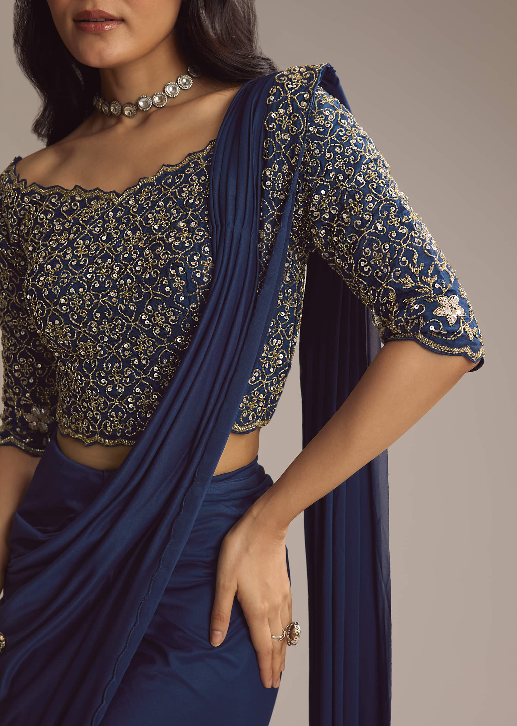 Navy Blue Lycra Ready Pleated Saree With Cutdana Work - Image 2