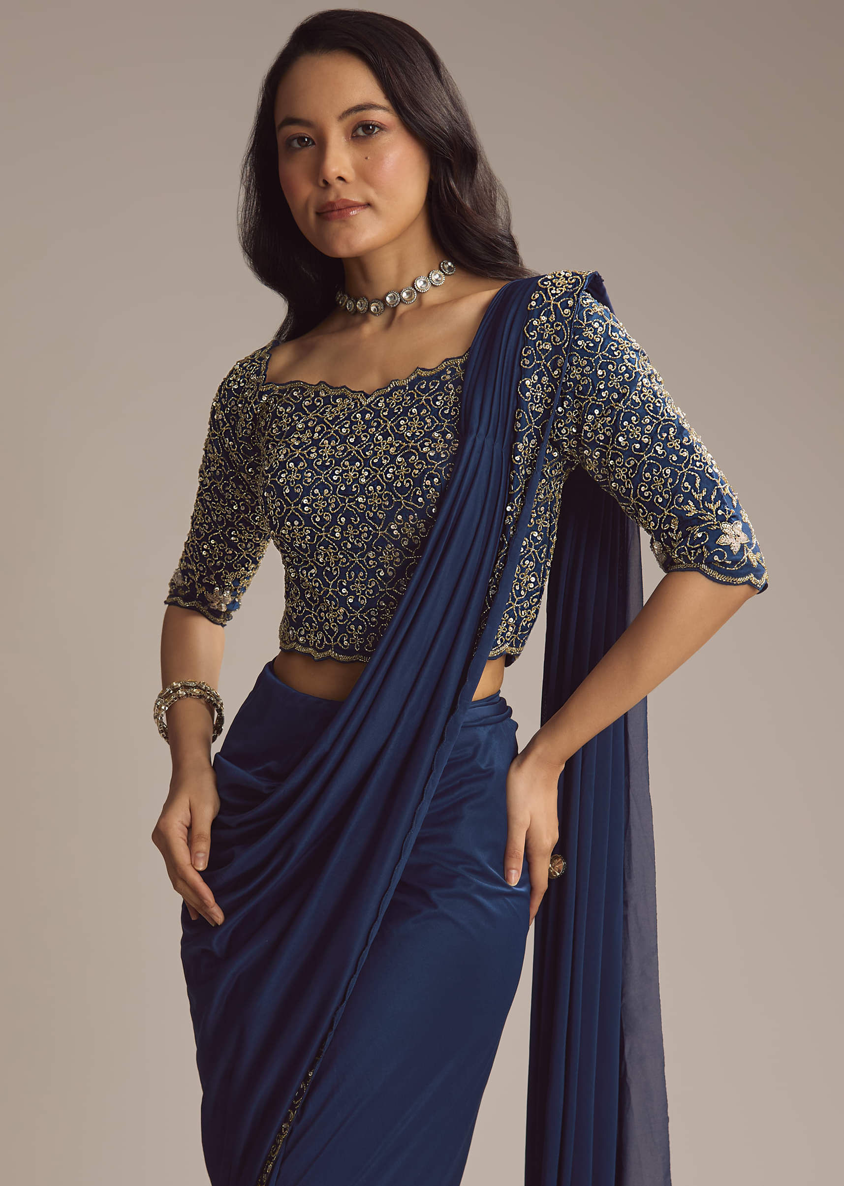 Navy Blue Lycra Ready Pleated Saree With Cutdana Work - Image 4
