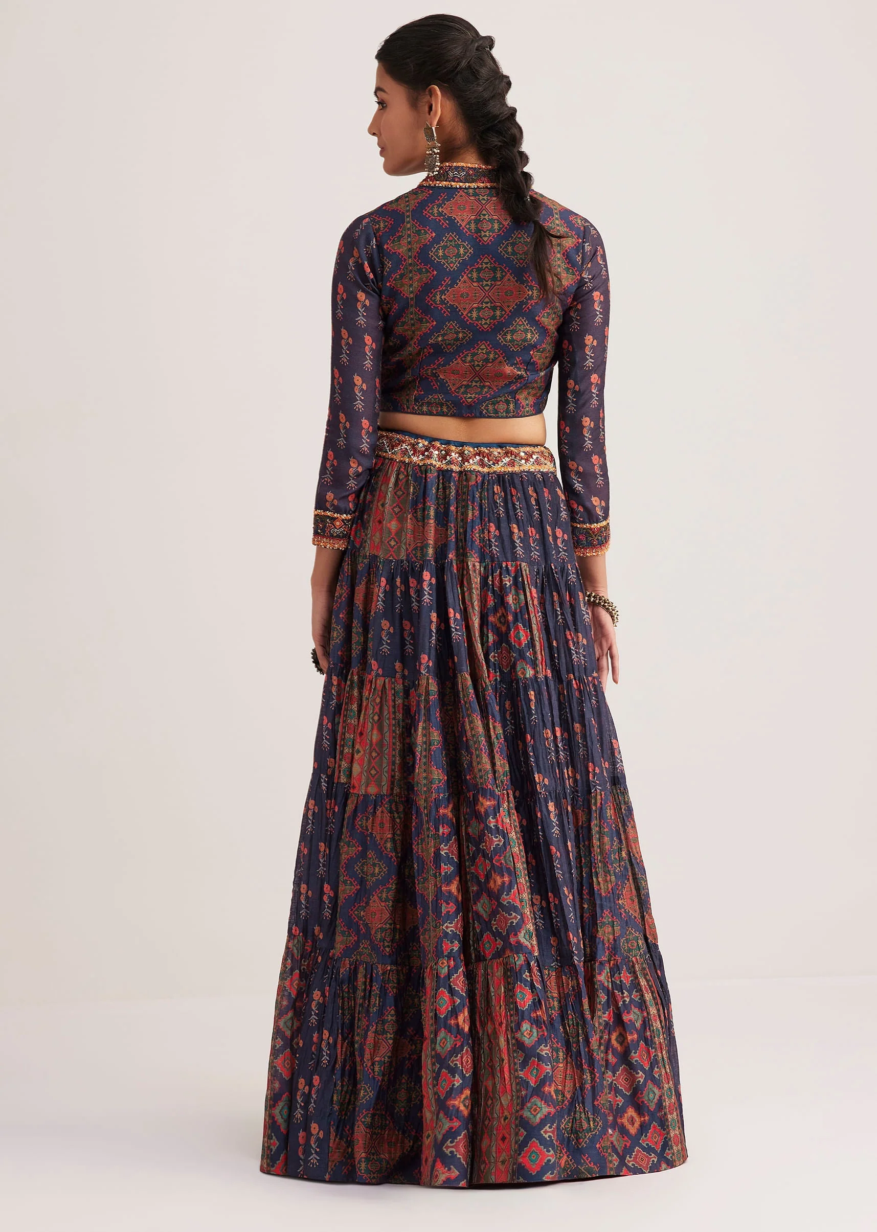Navy Blue Silk Skirt Set With Orange Indie Prints - Image 5