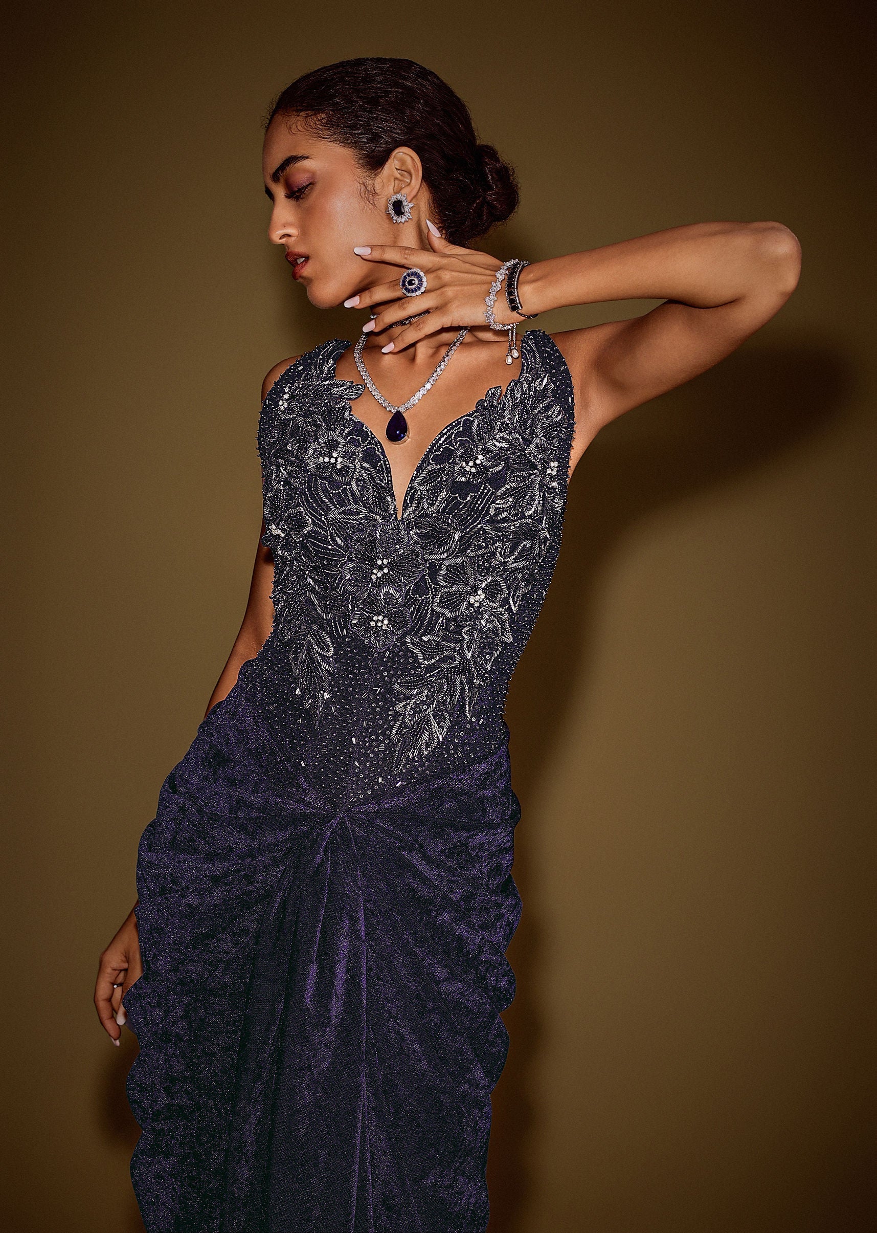 Navy Blue Sleeveless Velvet Corset Drape Gown With 3D Embellishments - Image 2