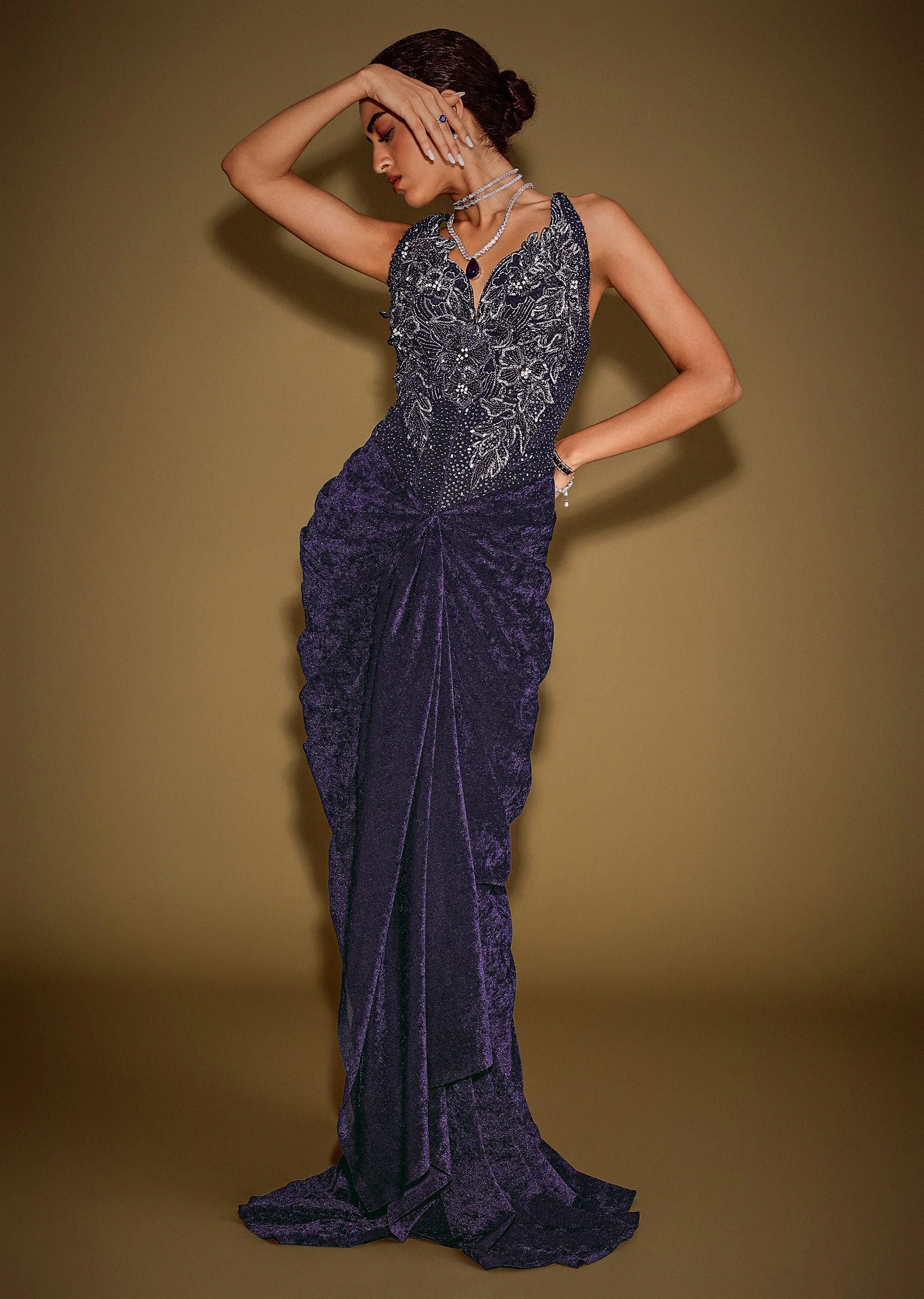 Navy Blue Sleeveless Velvet Corset Drape Gown With 3D Embellishments - Image 4