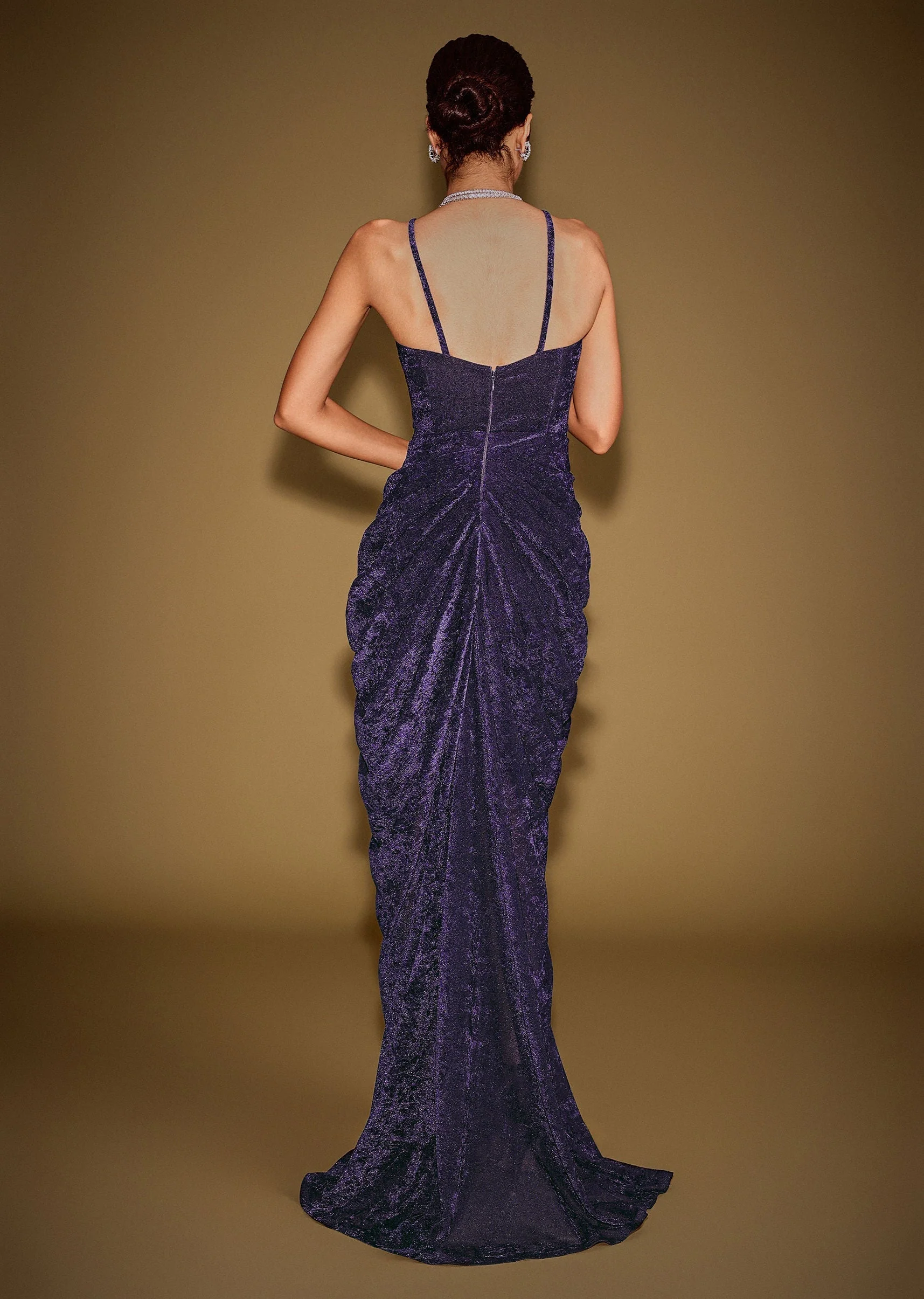 Navy Blue Sleeveless Velvet Corset Drape Gown With 3D Embellishments - Image 5