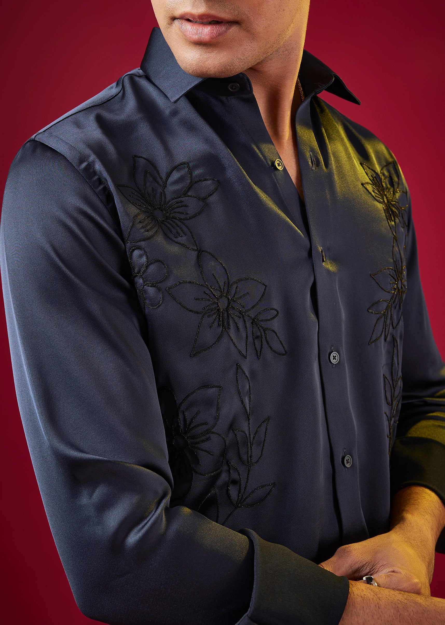 Navy Blue Thread Resham Embellished Mens Shirt - Image 2