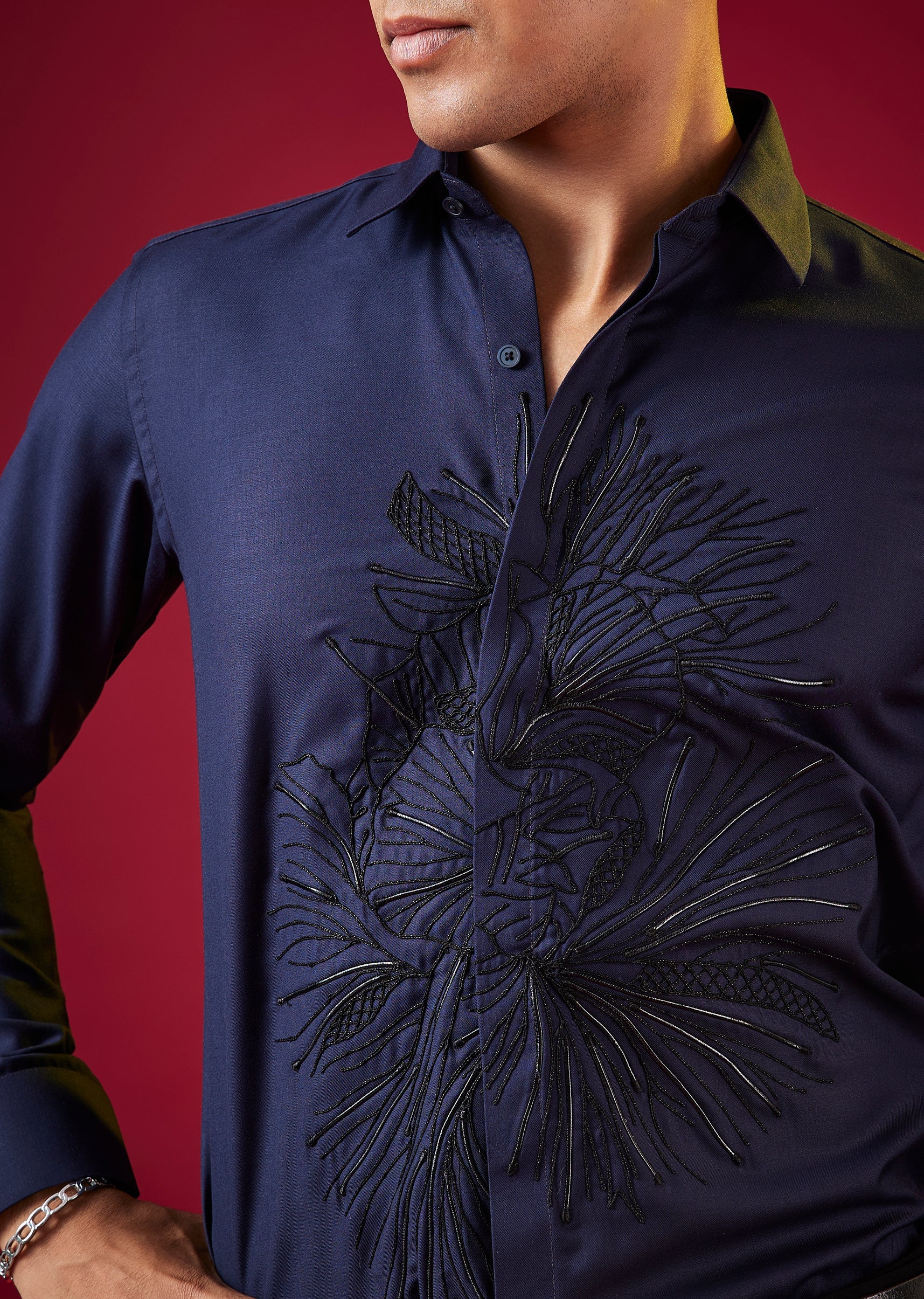 Navy Blue Thread Resham Embroidered Mens Shirt - Image 2