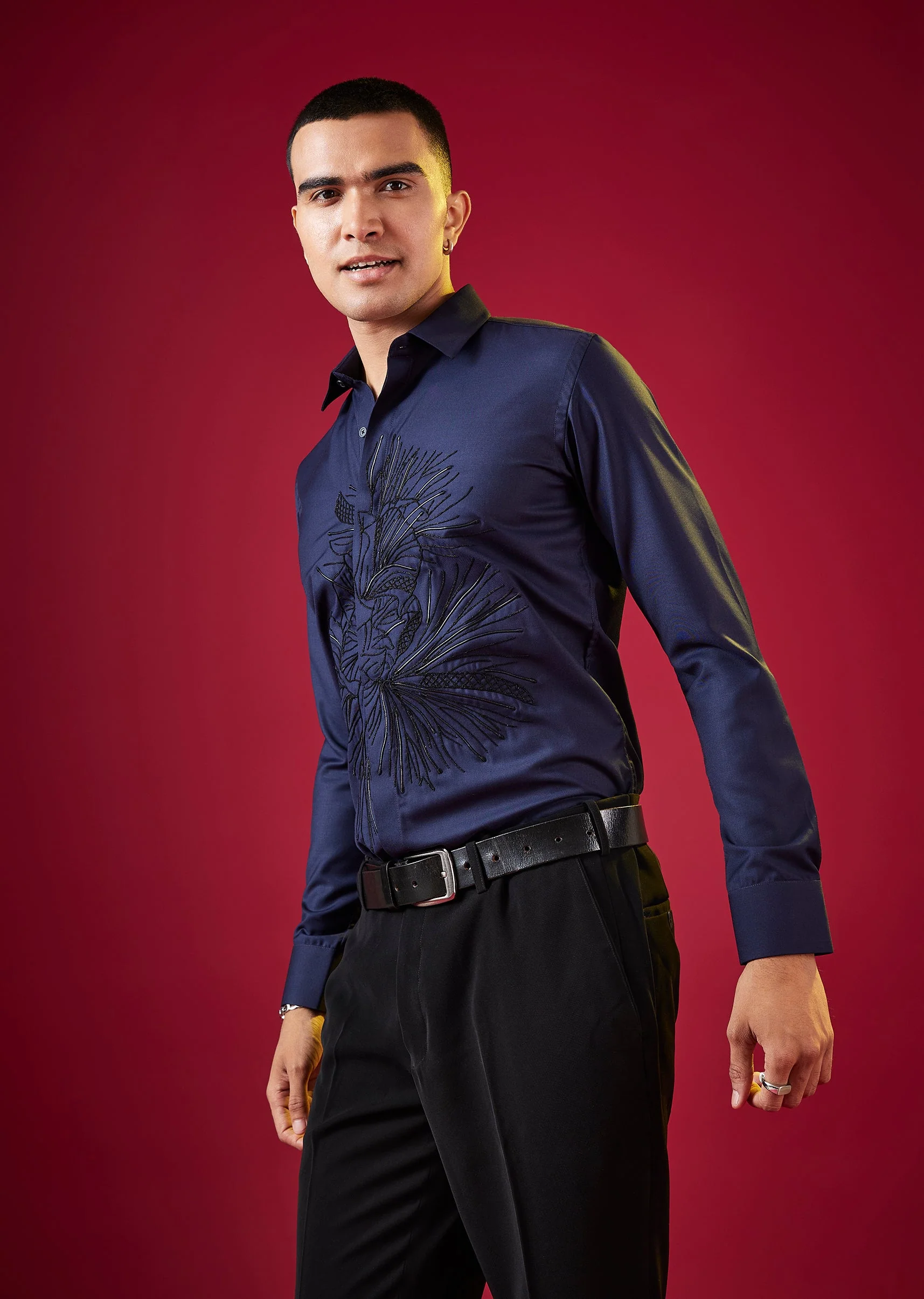 Navy Blue Thread Resham Embroidered Mens Shirt - Image 3