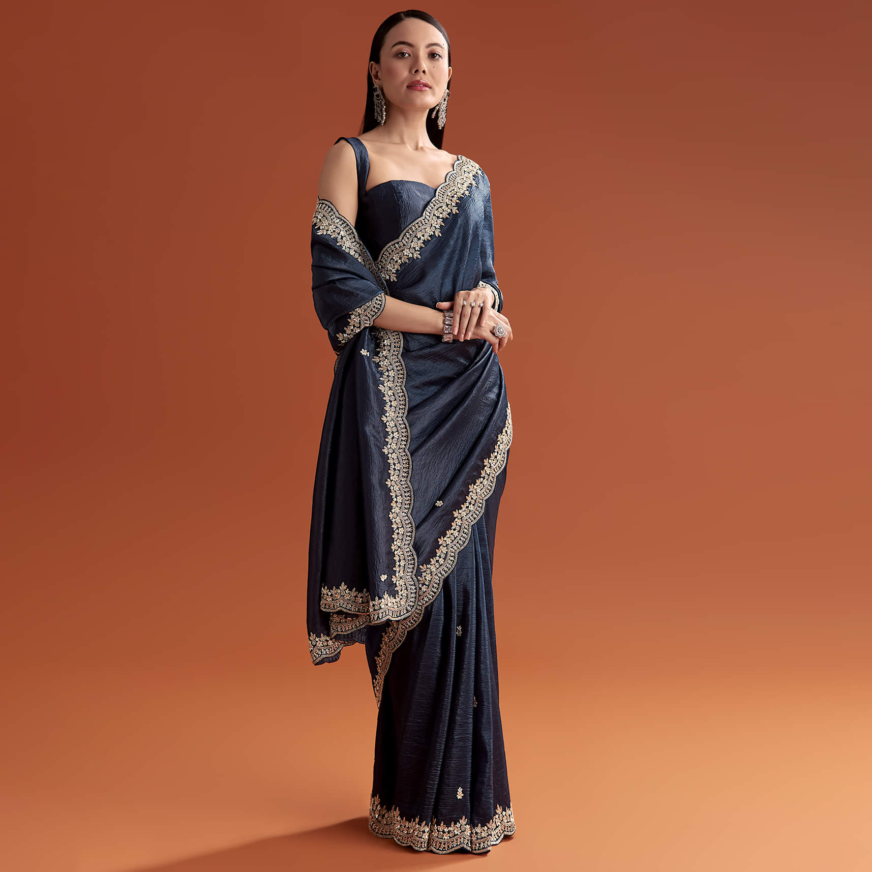 Navy Blue Tissue Saree With Scallop Border And Sequin Work - Image 10