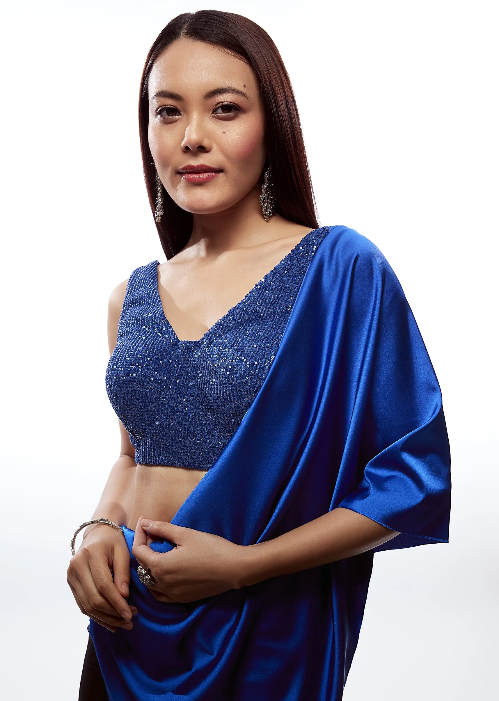Navy Blue V Neck Embroidered Blouse
