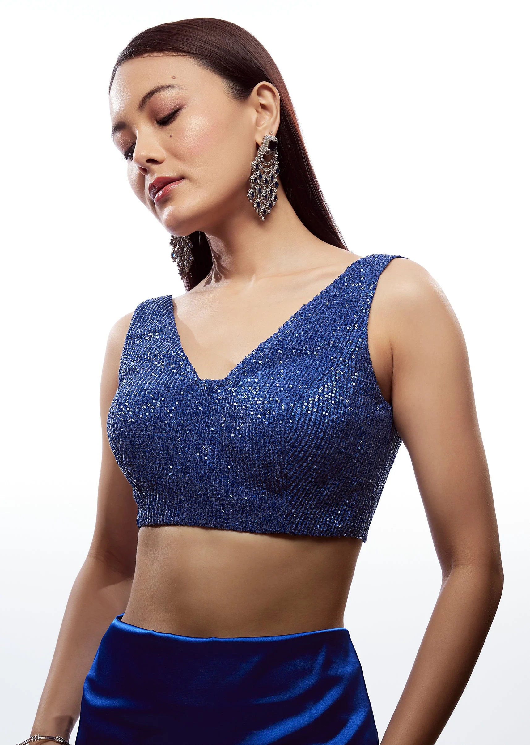 Navy Blue V Neck Embroidered Blouse - Image 3