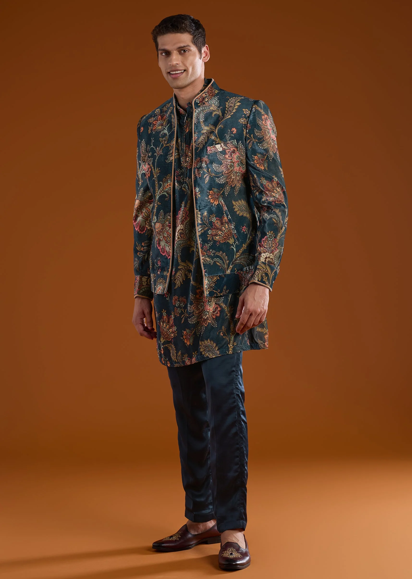 Navy Blue Velvet Embroidered Jodhpuri Kurta Set - Image 3