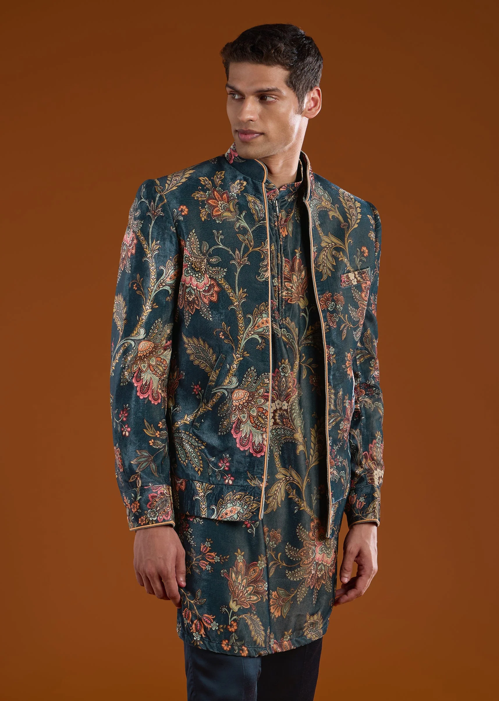 Navy Blue Velvet Embroidered Jodhpuri Kurta Set - Image 4