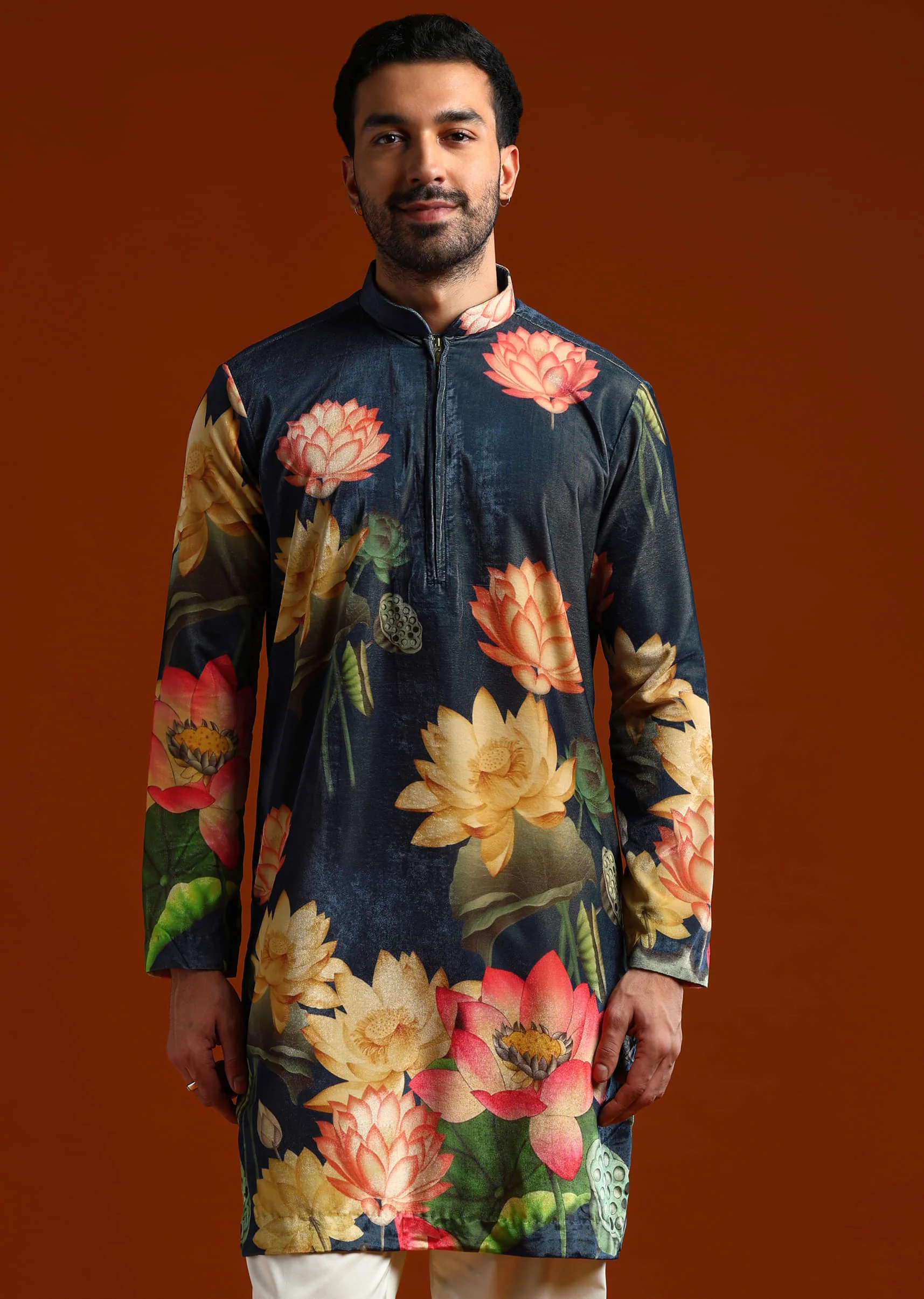 Navy Blue Velvet Kurta Set For Men With Print - Image 4