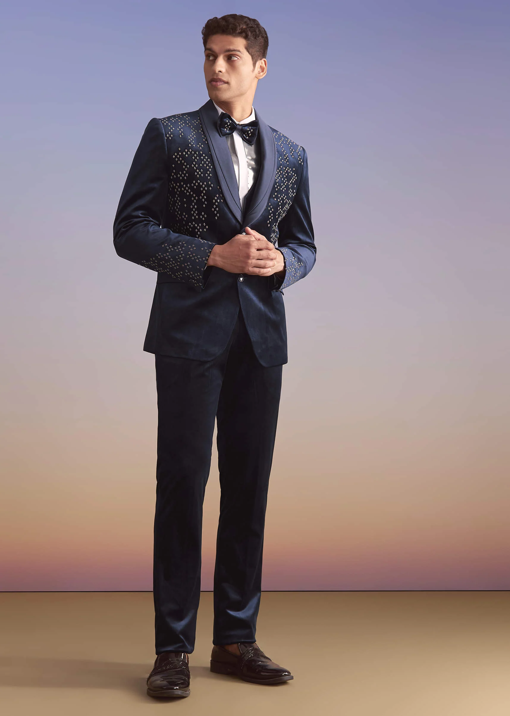 Navy Blue Velvet Tuxedo For Men With Hand Embroidery - Image 3