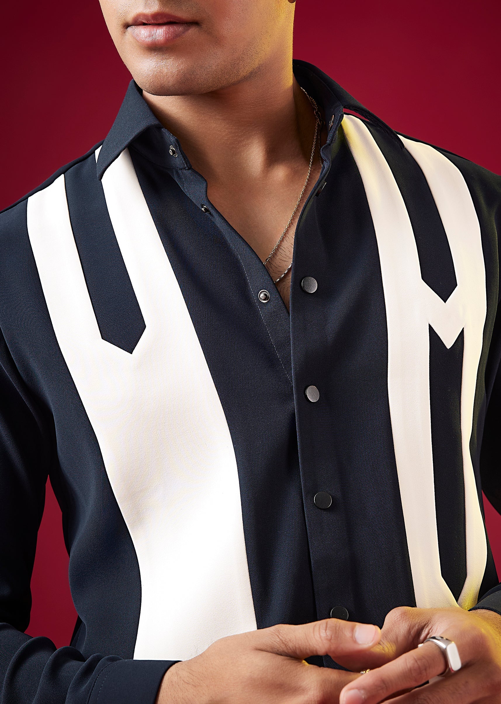 Navy Blue Viscose Mandarin Collar Mens Shirt - Image 2