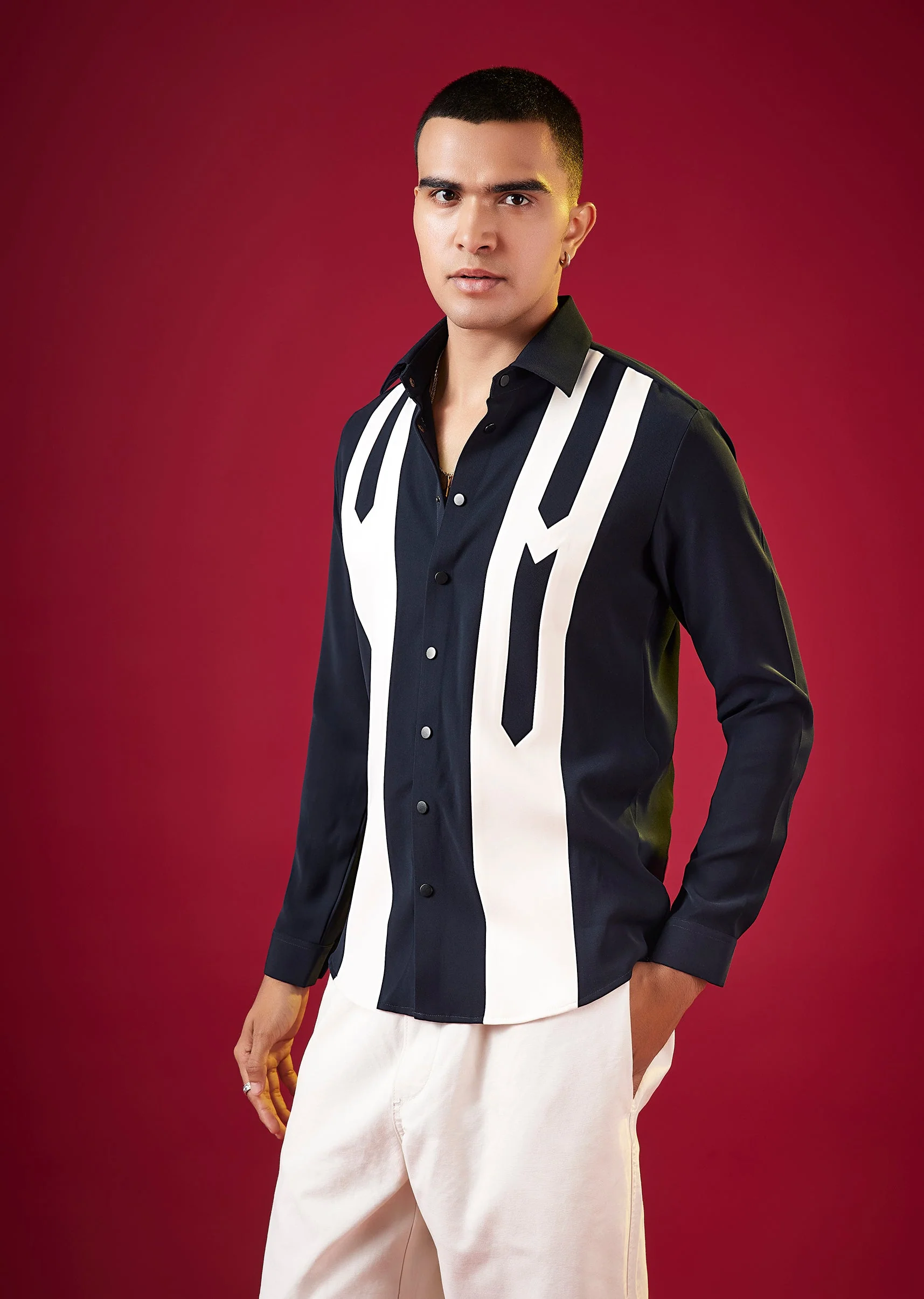 Navy Blue Viscose Mandarin Collar Mens Shirt - Image 3