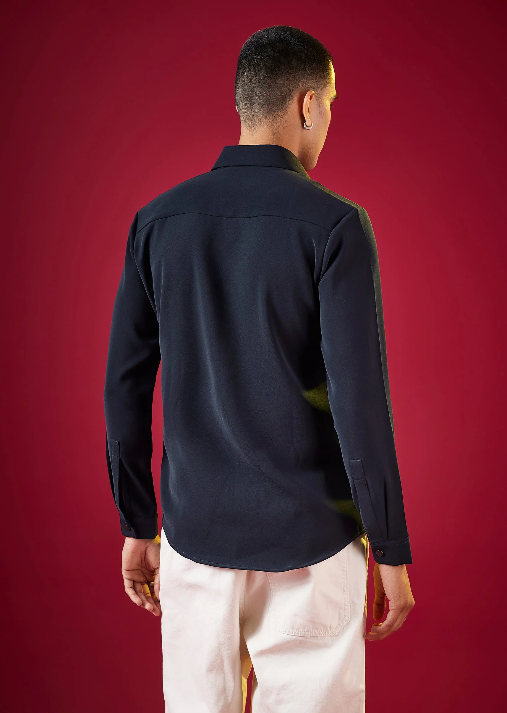 Navy Blue Viscose Mandarin Collar Mens Shirt - Image 4