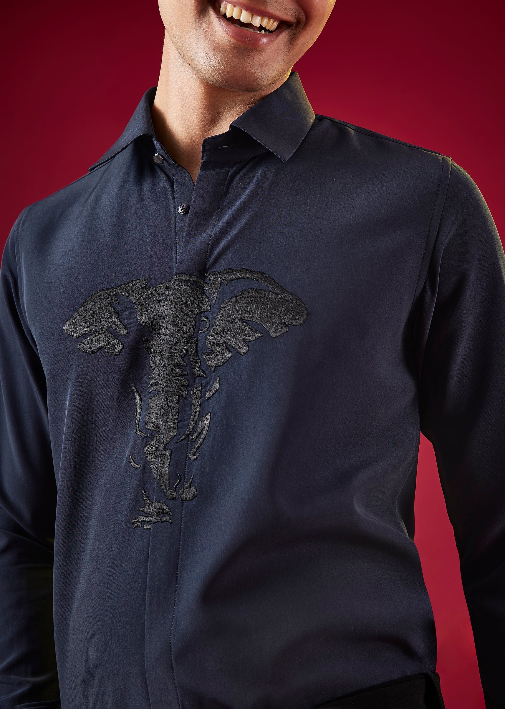Navy Blue Viscose Thread Resham Embroidered Mens Shirt - Image 2