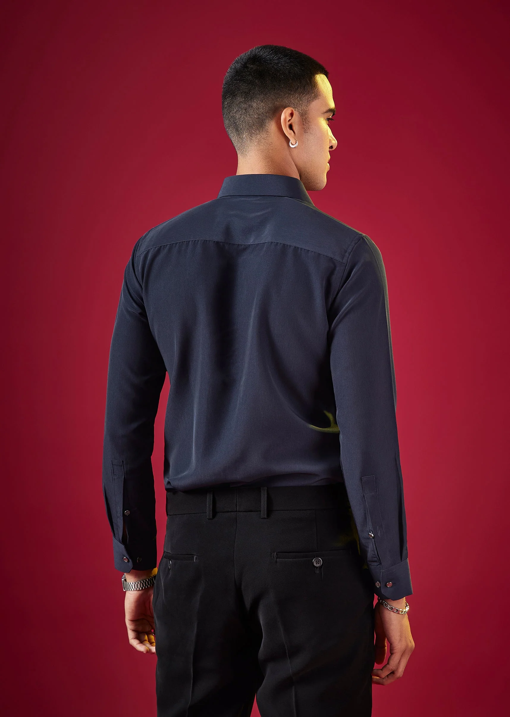 Navy Blue Viscose Thread Resham Embroidered Mens Shirt - Image 4