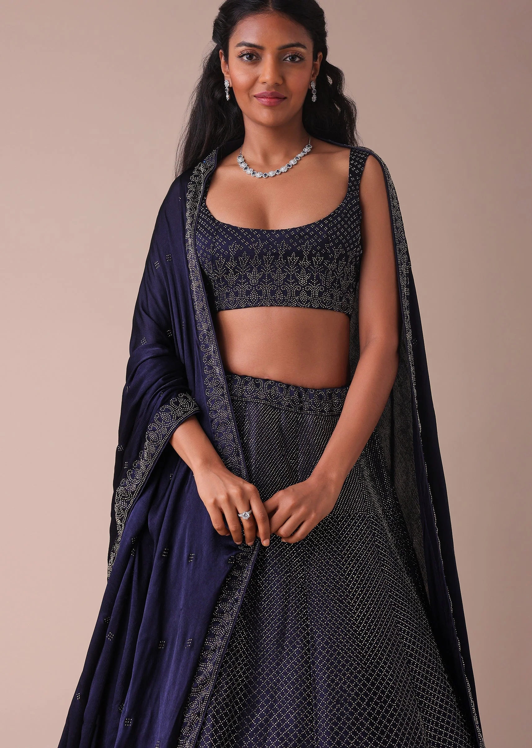 Navy Blue Wrinkle Satin Lehenga With Swarovski Crystals - Image 3