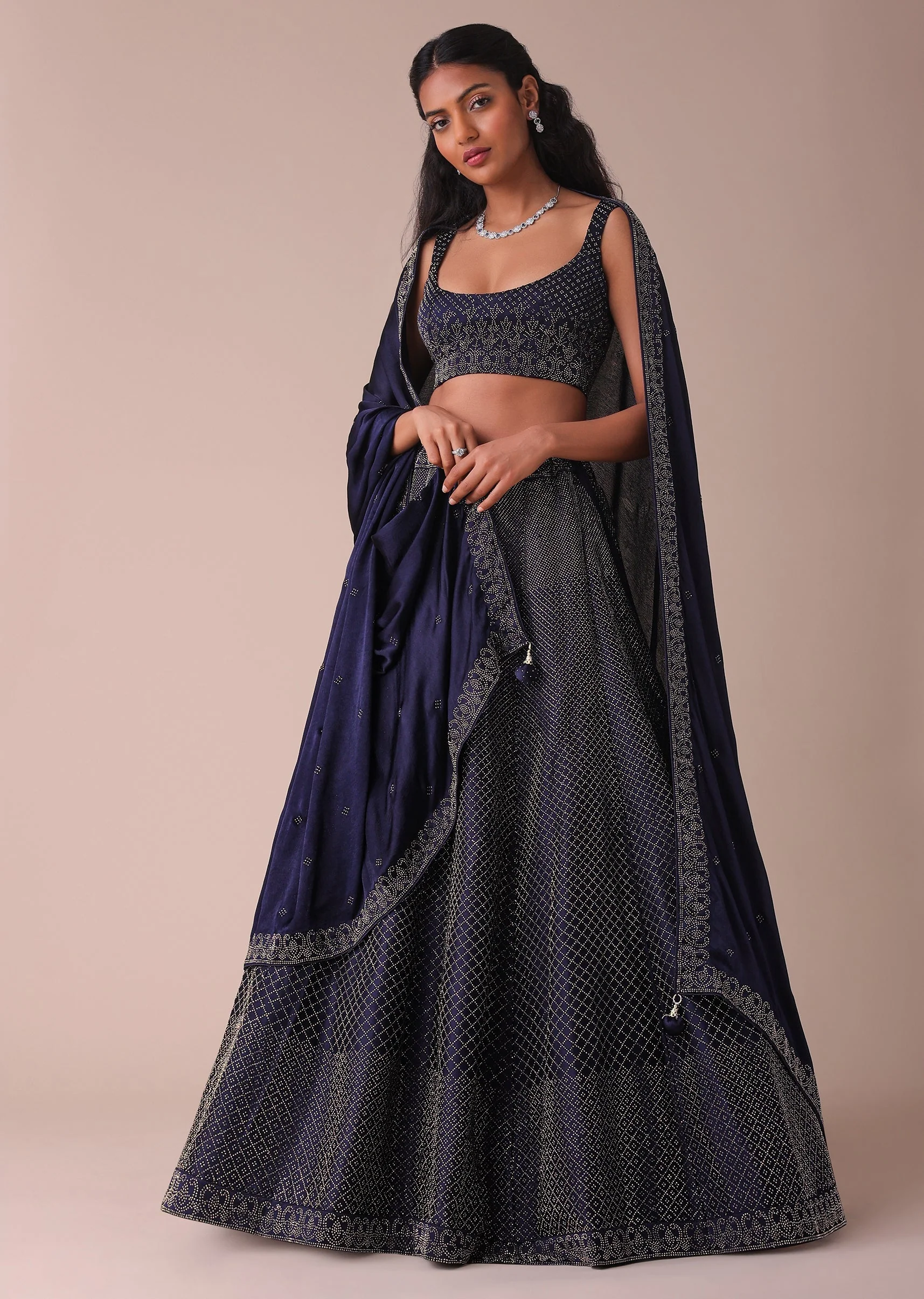 Navy Blue Wrinkle Satin Lehenga With Swarovski Crystals - Image 4