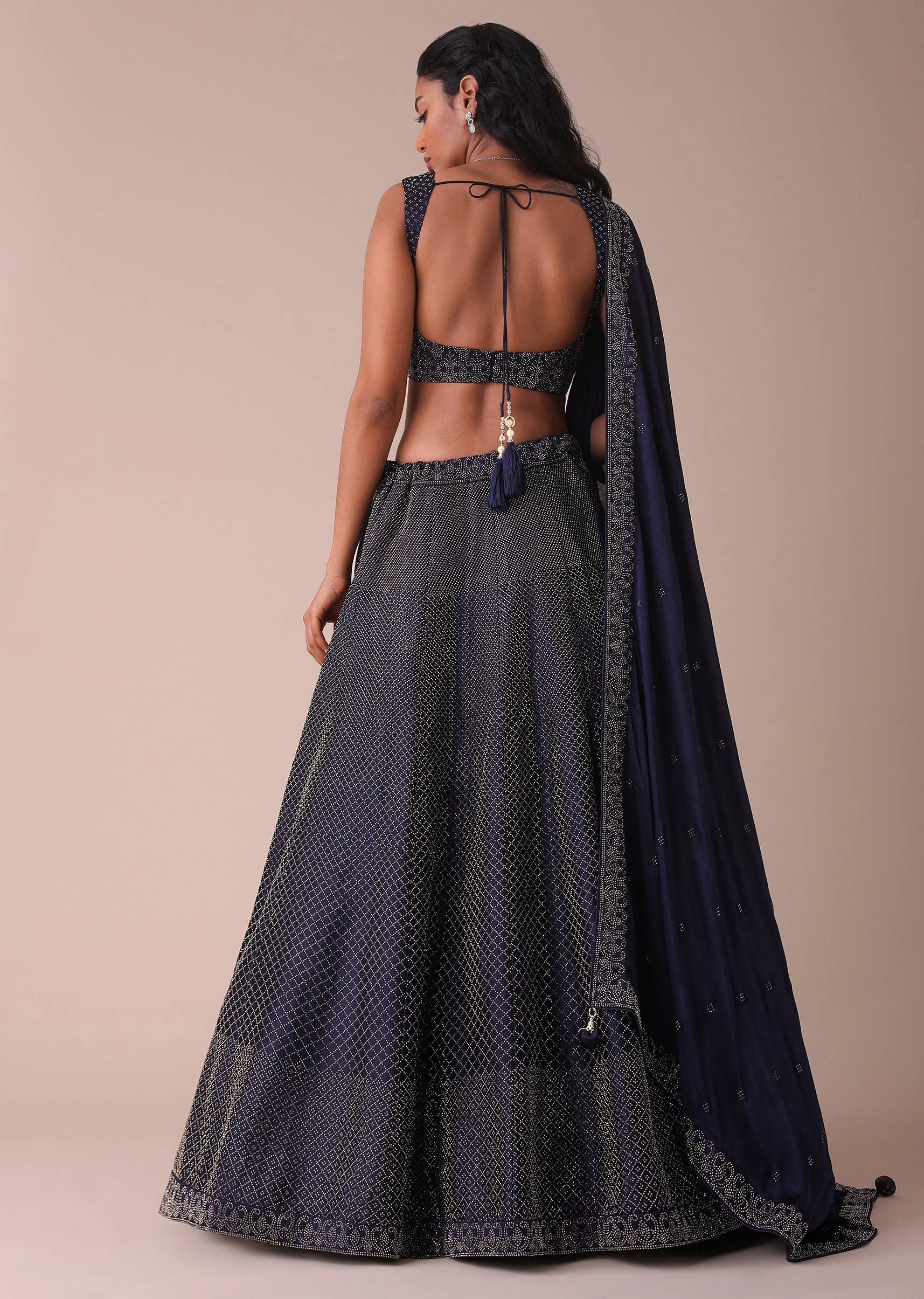 Navy Blue Wrinkle Satin Lehenga With Swarovski Crystals - Image 5