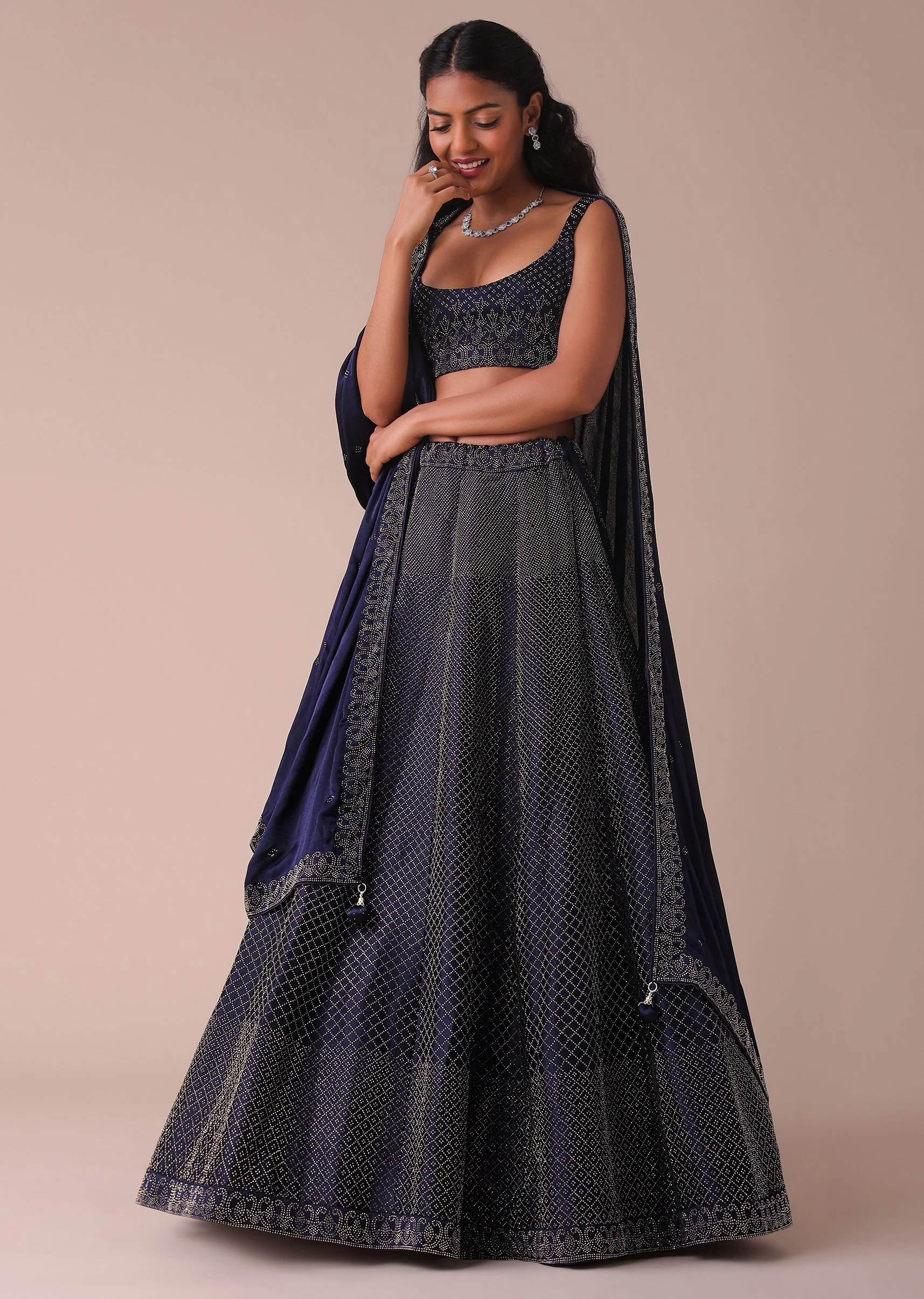 Navy Blue Wrinkle Satin Lehenga With Swarovski Crystals - Image 6