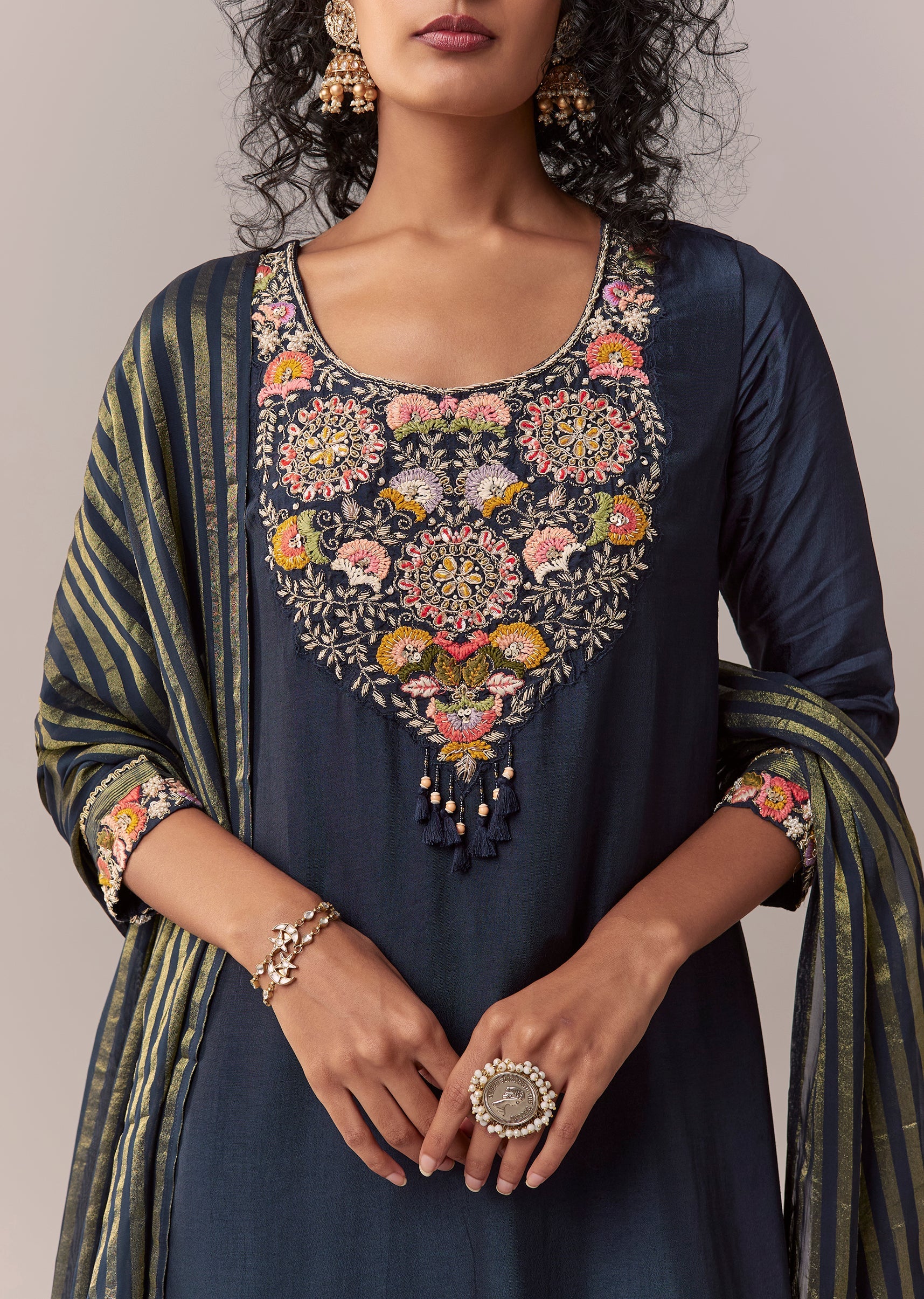 Navy Blue Zardosi & Thread Palazzo Set With Dupatta - Image 2