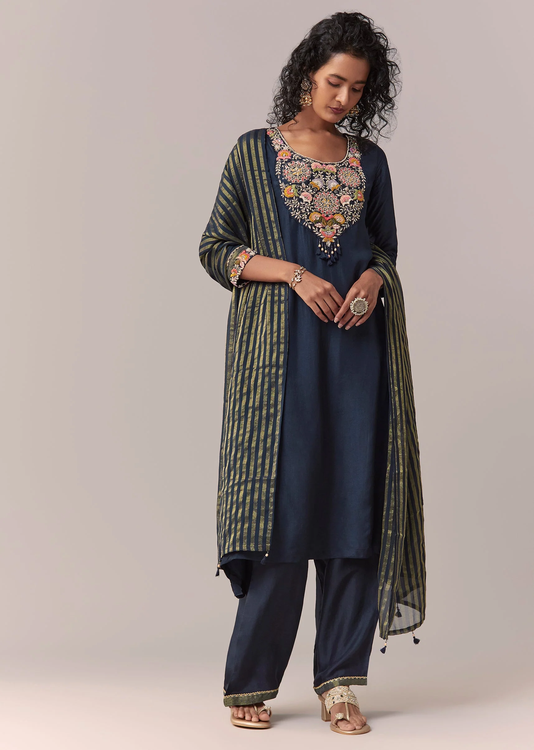 Navy Blue Zardosi & Thread Palazzo Set With Dupatta - Image 3