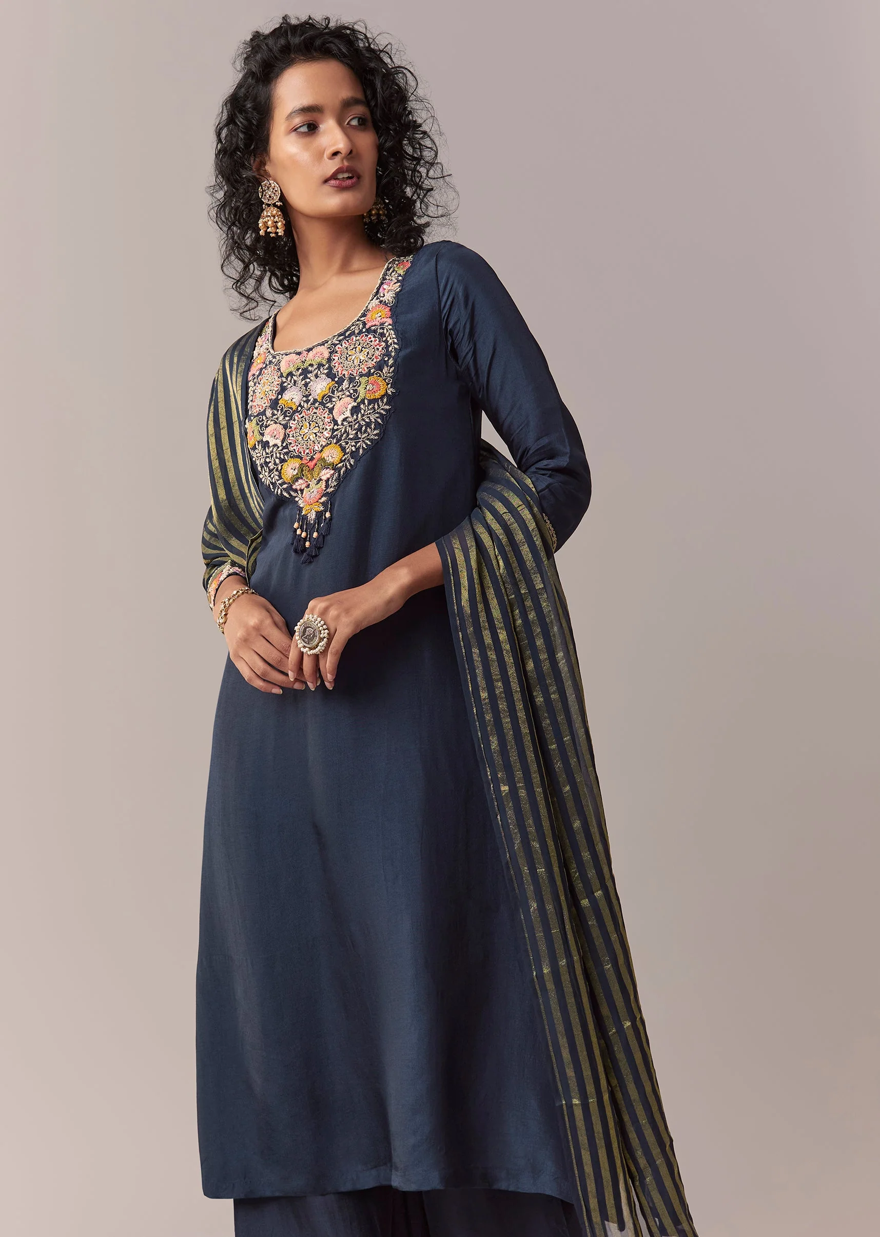 Navy Blue Zardosi & Thread Palazzo Set With Dupatta - Image 4