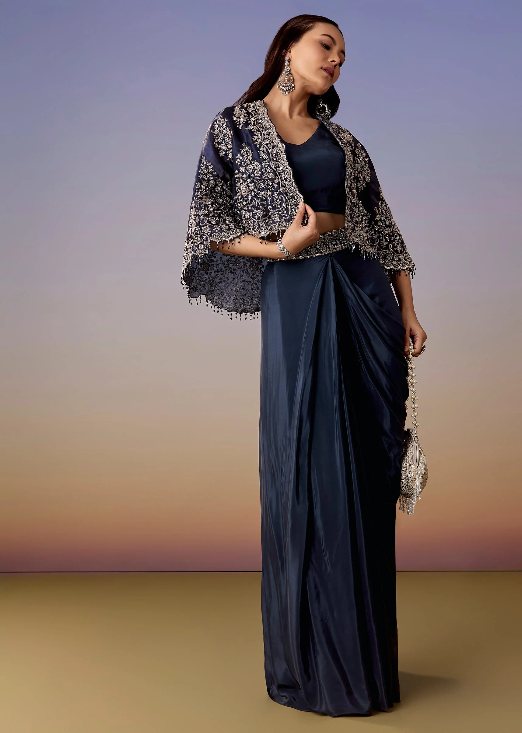 Navy Cape Drape Skirt Set - Image 3