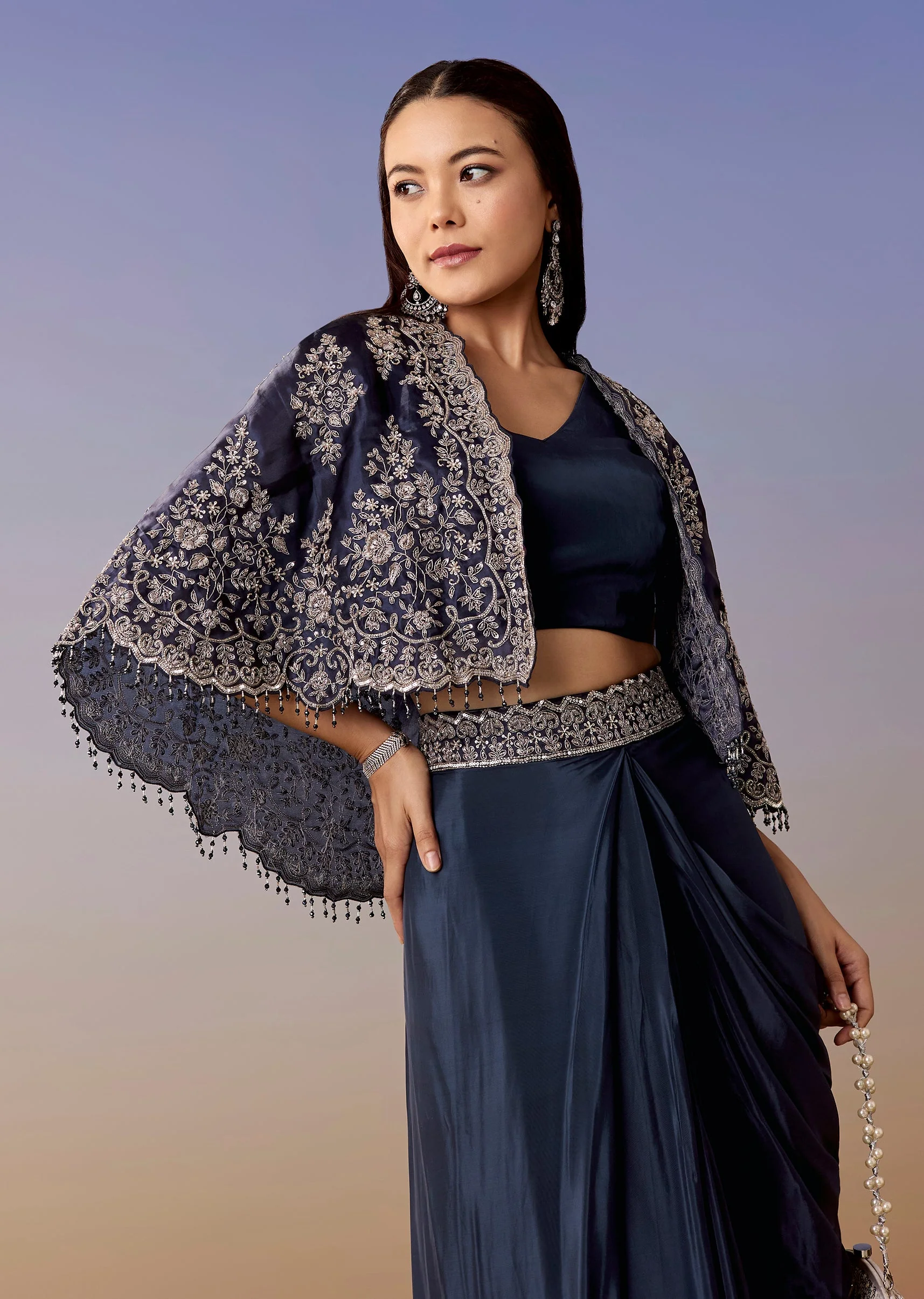 Navy Cape Drape Skirt Set - Image 4