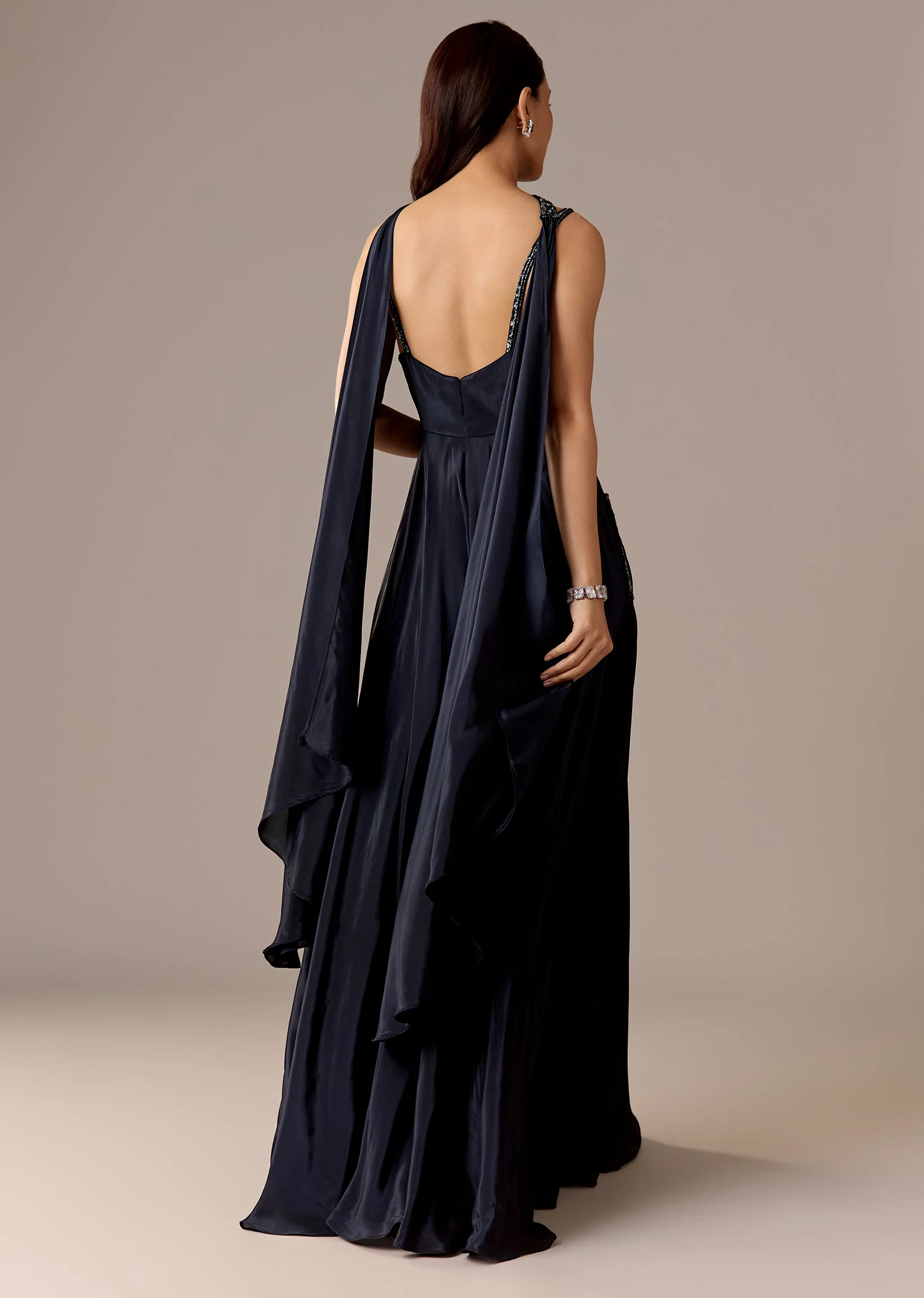 Navy Embellished Jumpsuit With Choker Dupatta - Image 5