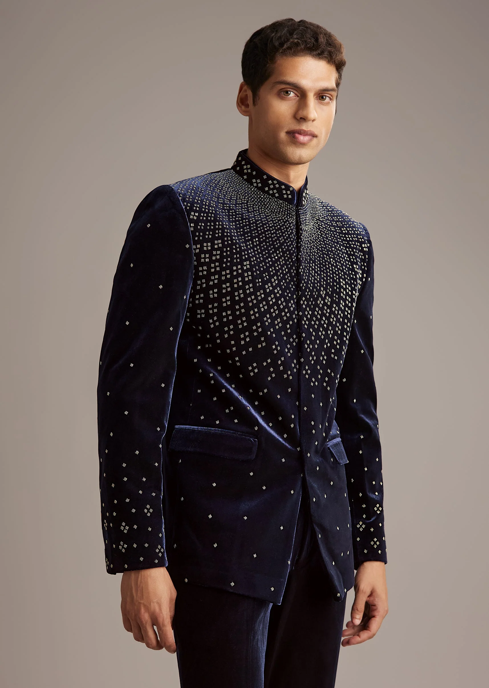 Navy Evening Duo – Fusion Lehenga For Her And Velvet Jodhpuri Suit For Him - Image 7