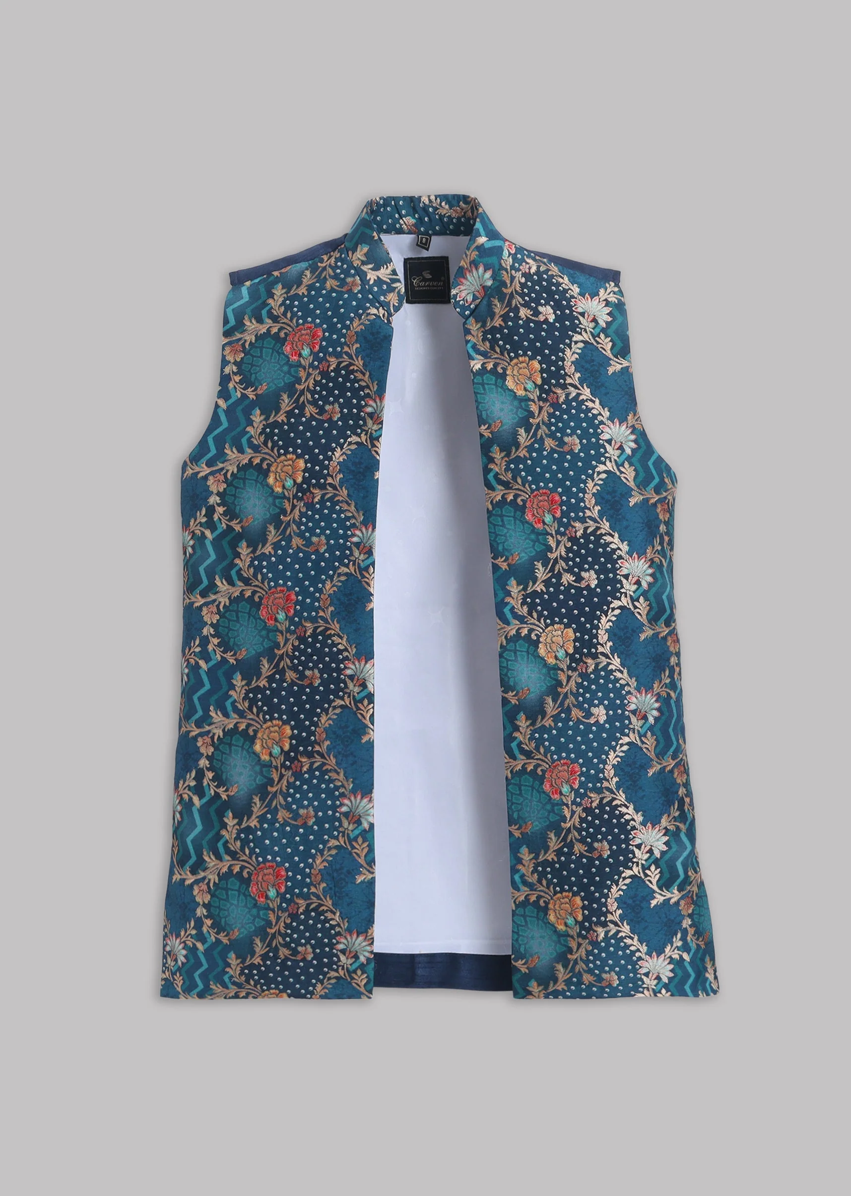 Navy Floral Nehru Jacket Set - Image 6