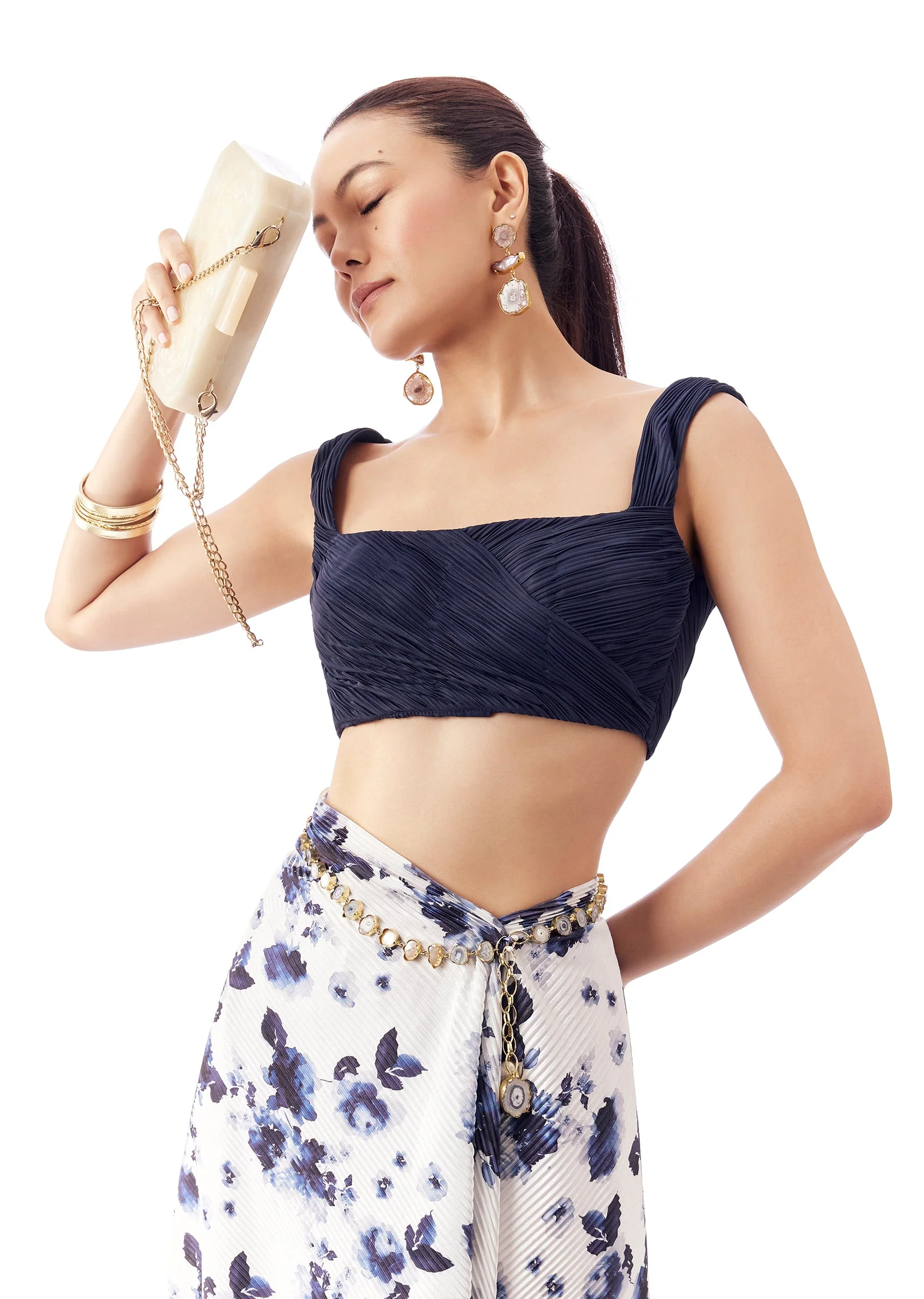 Navy Pre Pleated Overlap Blouse With Back Elastic