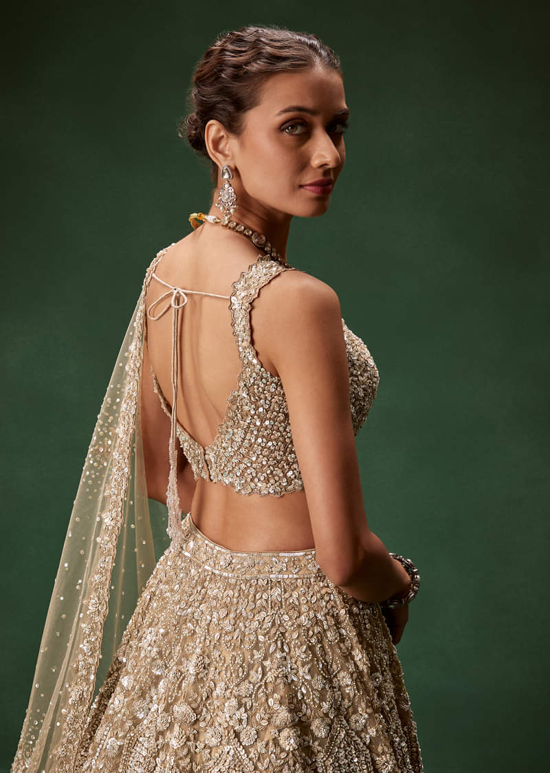 Nude Bridal Lehenga With Intricate Floral Sequin And Beadwork - Image 6