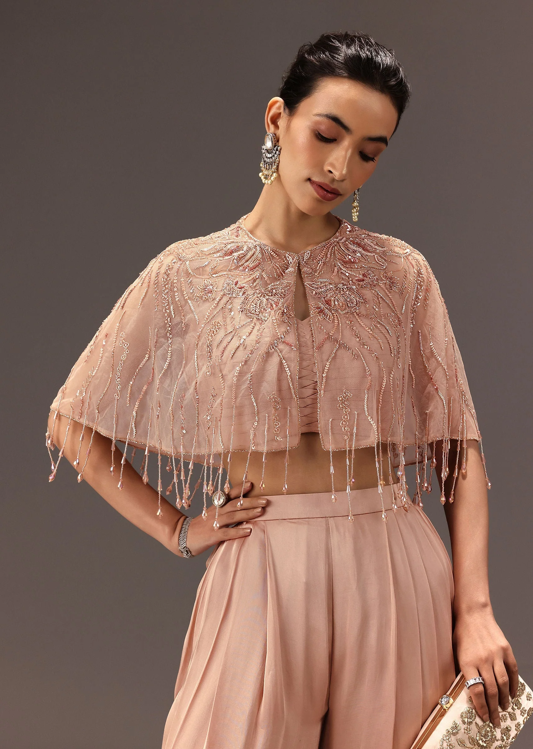 Nude Pleated Blouse With Tassel Cape And Dhoti Pants - Image 2