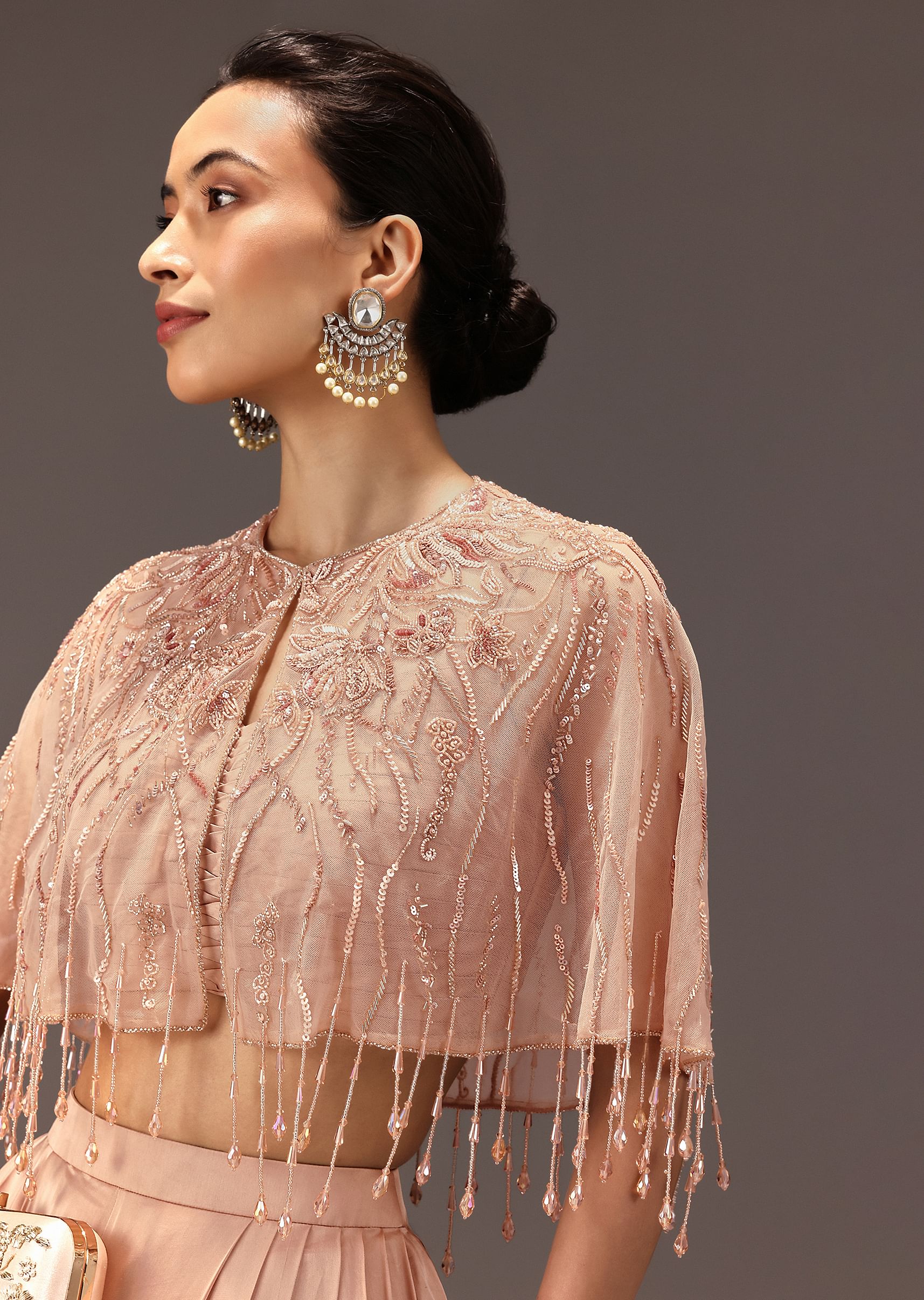 Nude Pleated Blouse With Tassel Cape And Dhoti Pants - Image 3